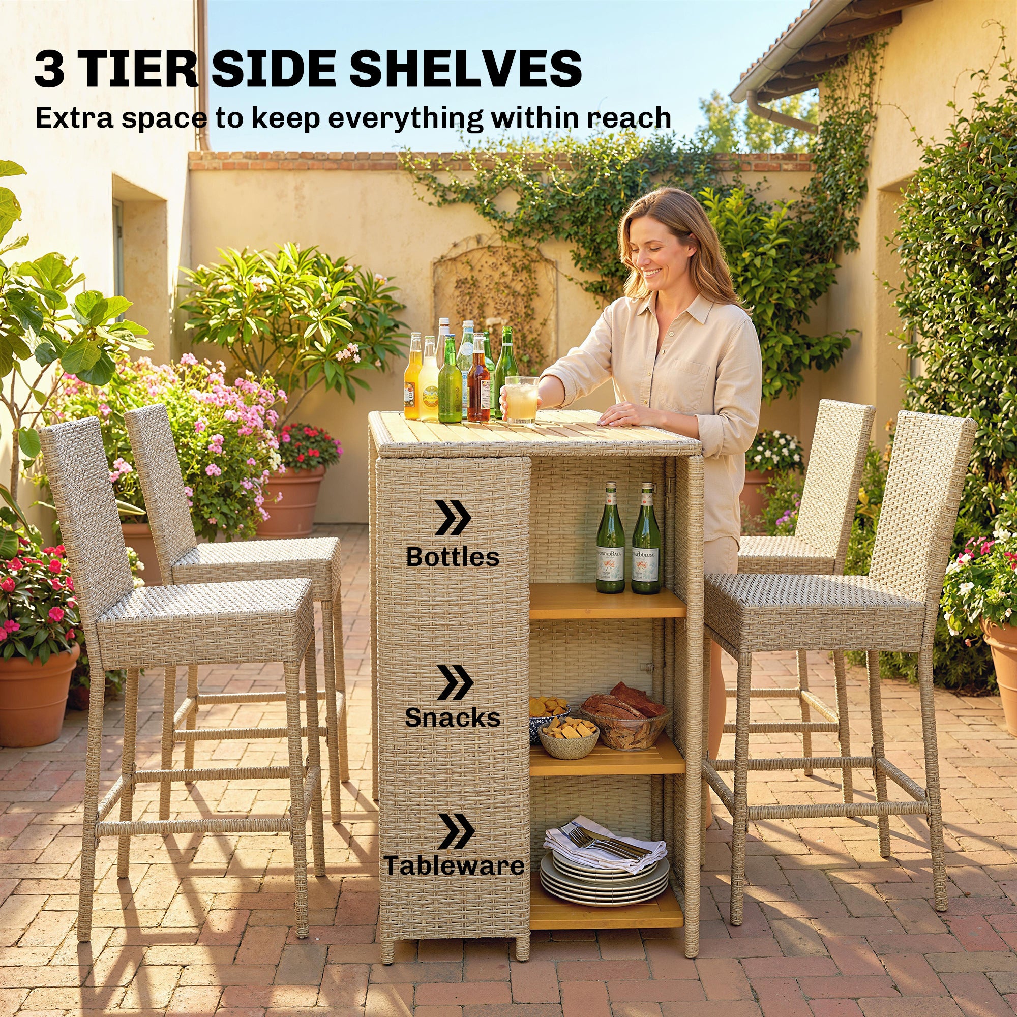 5 Piece Wicker Outdoor Bar Set, Acacia Wood Outdoor High Top Table and Chairs with 3 Tier Shelves, Cushions