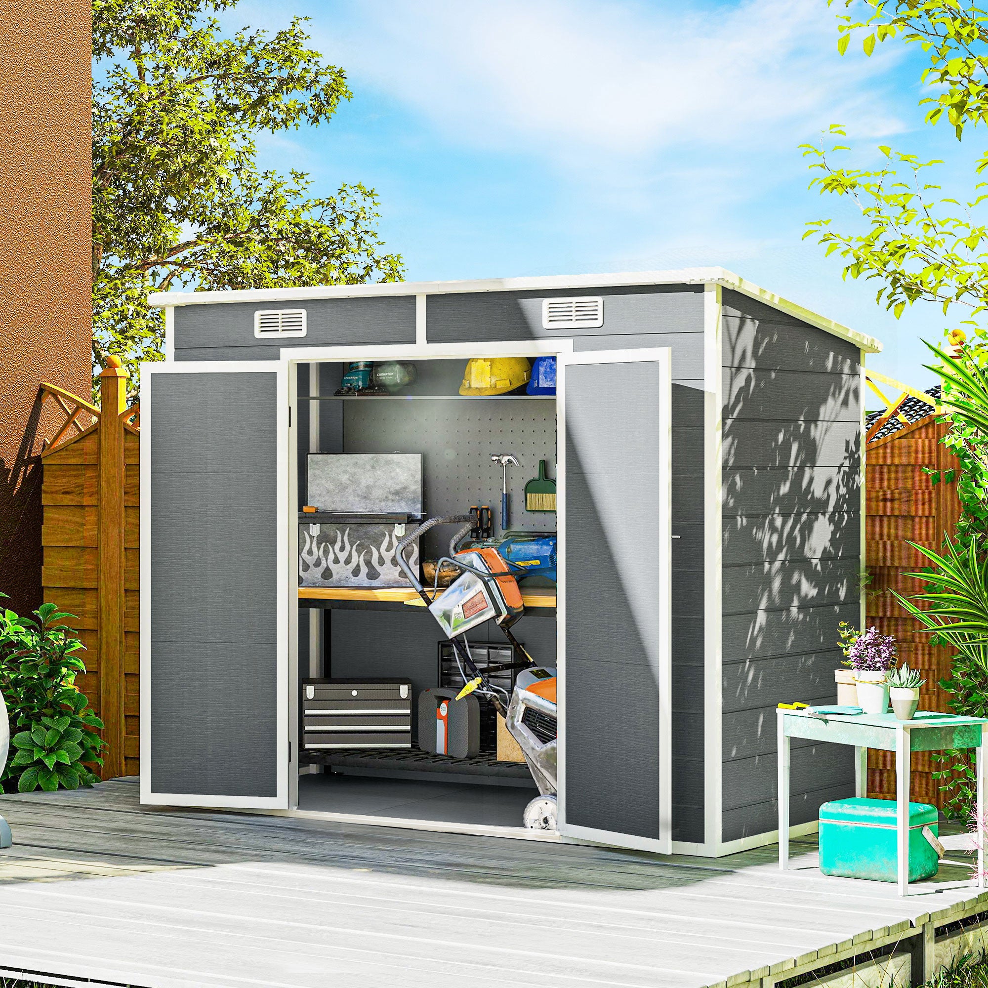 8' x 4' Plastic Outdoor Storage Shed with Floor, Window, Lockable Doors and Vents for Backyard Patio Lawn