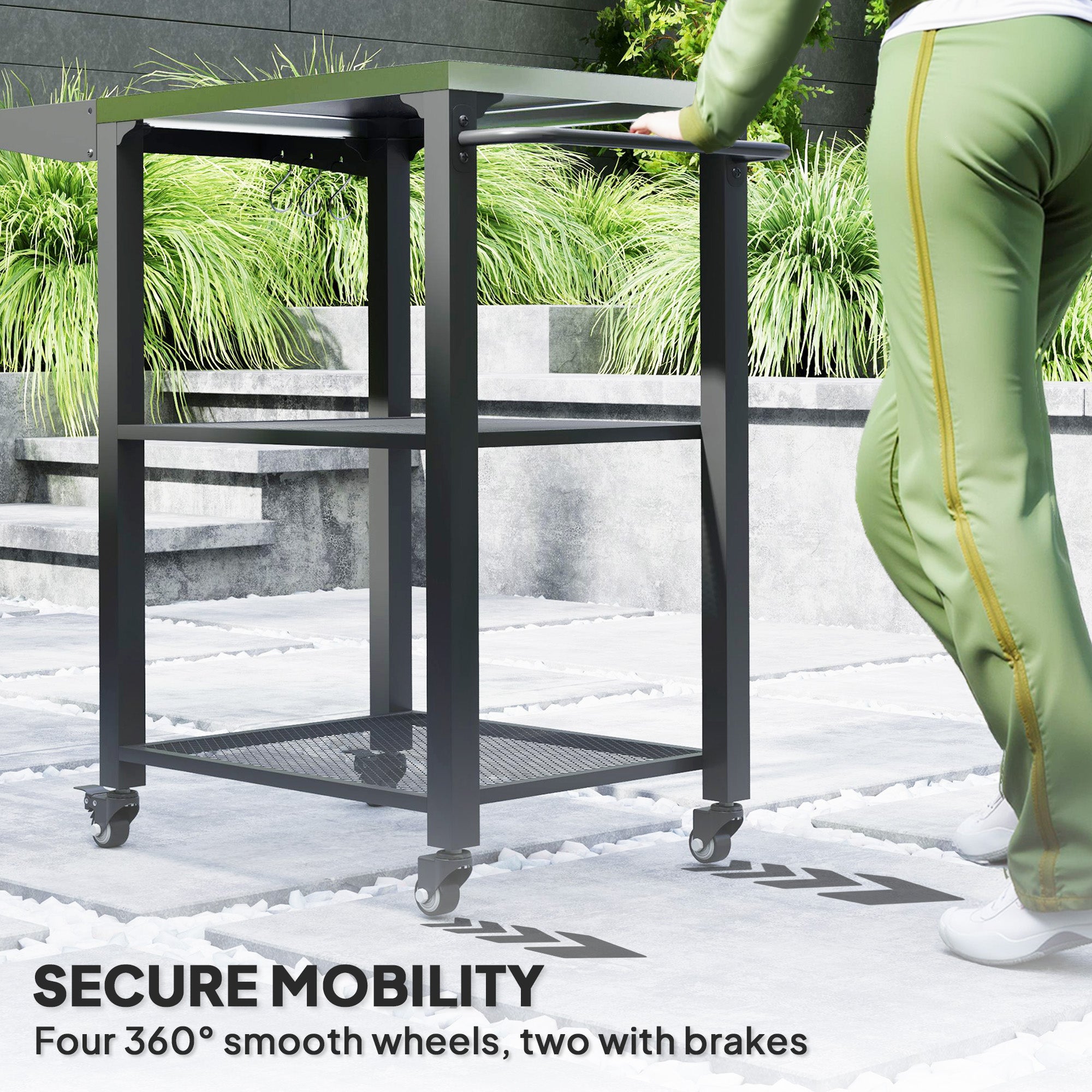 Three-Shelf Outdoor Grill Cart Table with Foldable Side Table, Stainless Steel Top Pizza Oven Stand with Hooks, Silver