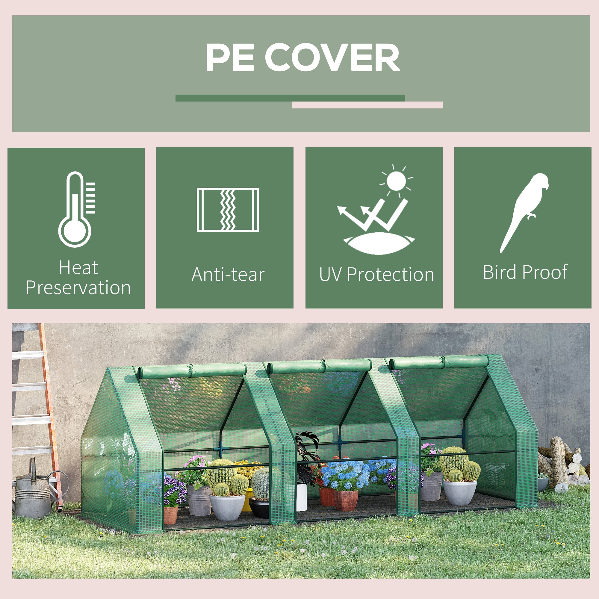 9' x 3' x 3' Portable Mini Greenhouse Outdoor Garden with Large Zipper Doors and Water/UV PE Cover, Green