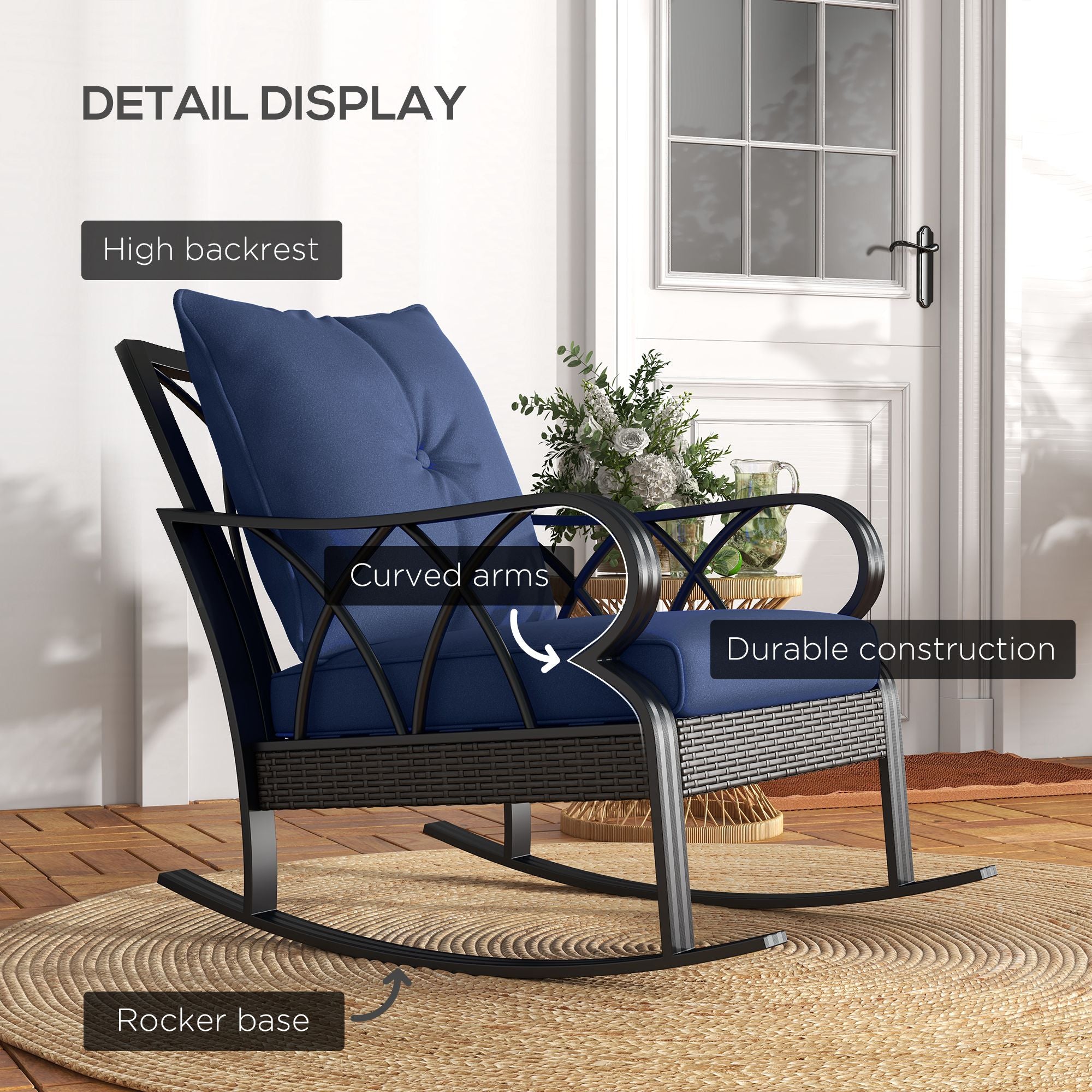 Outdoor Wicker Rocking Chair with Padded Cushions, Aluminum Furniture, Rattan Porch Rocker Chair w/ Armrest, Navy Blue