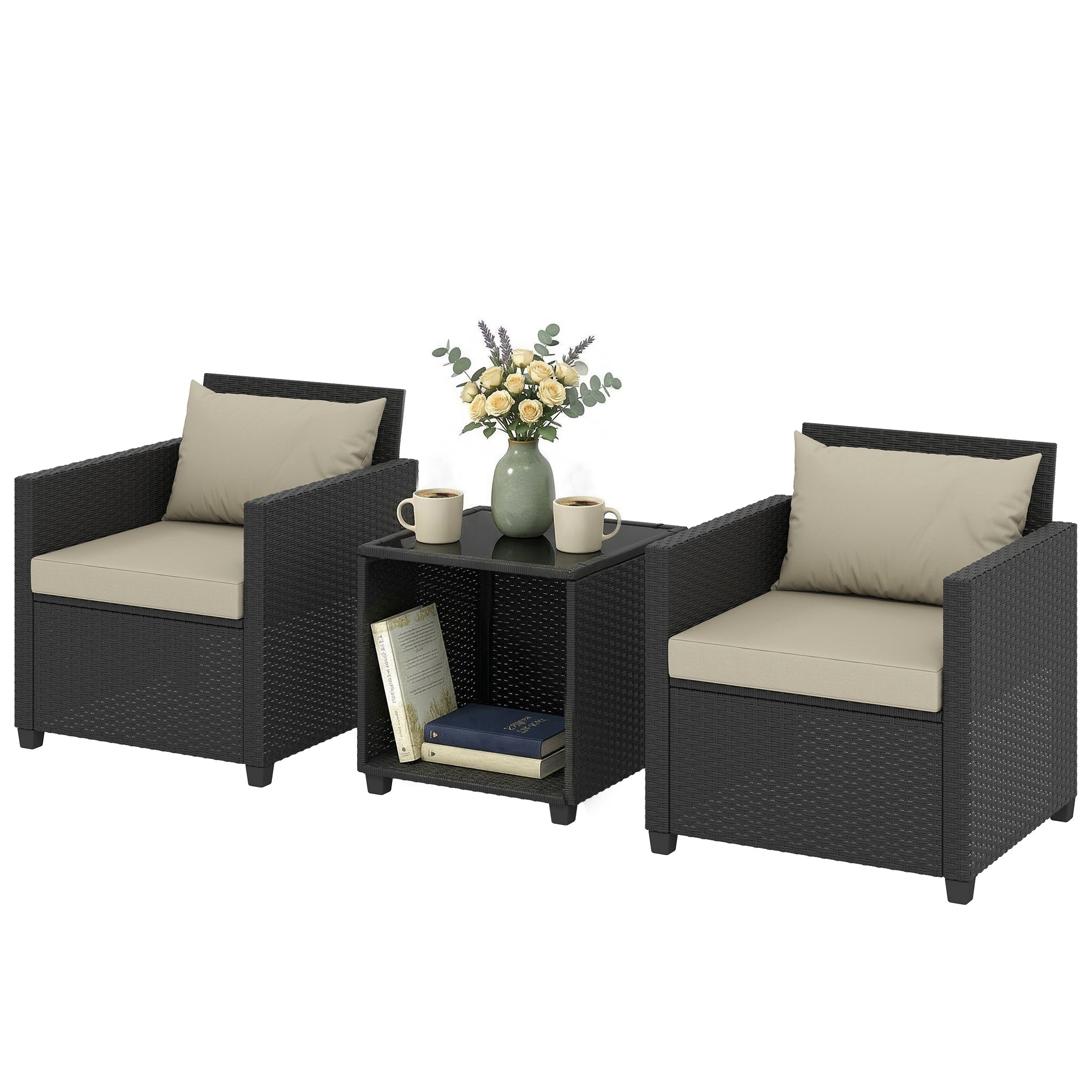 3 Piece Patio Bistro Set, Wicker Furniture Set with Thick Cushions, Glass Coffee Table and Chairs for Garden
