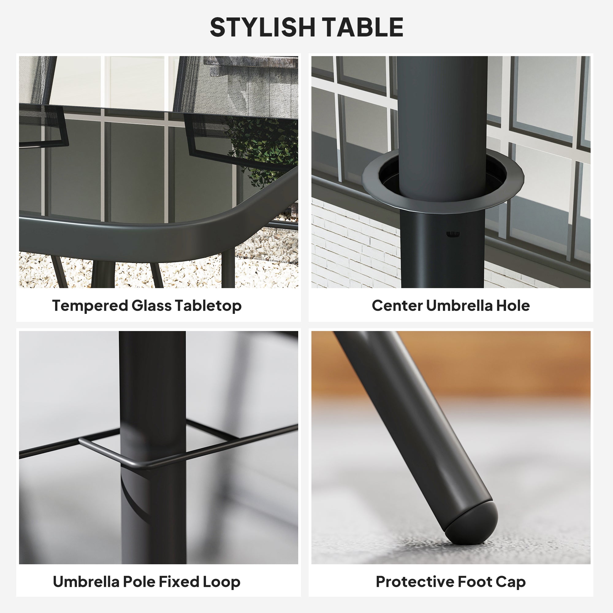 8 Piece Outdoor Dining Set, Patio Furniture Set with Umbrella, 6 Folding Chairs, Rectangle Table and Mesh Seat, Black