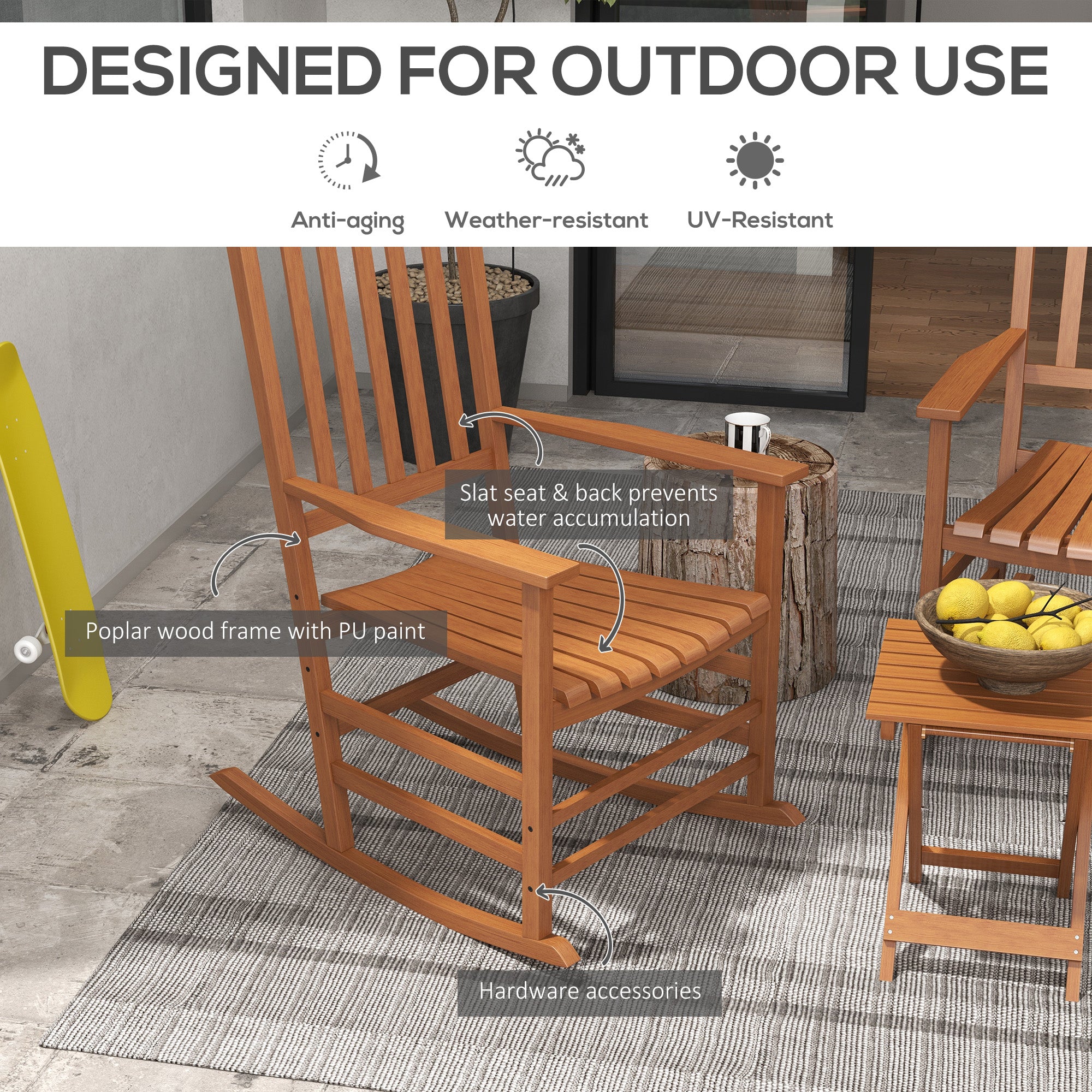 Outdoor Rocking Chair Set of 2 with Side Table, Patio Wooden Rocking Chair with Smooth Armrests, High Back for Garden, Balcony, Porch, Supports Up to 352 lbs.