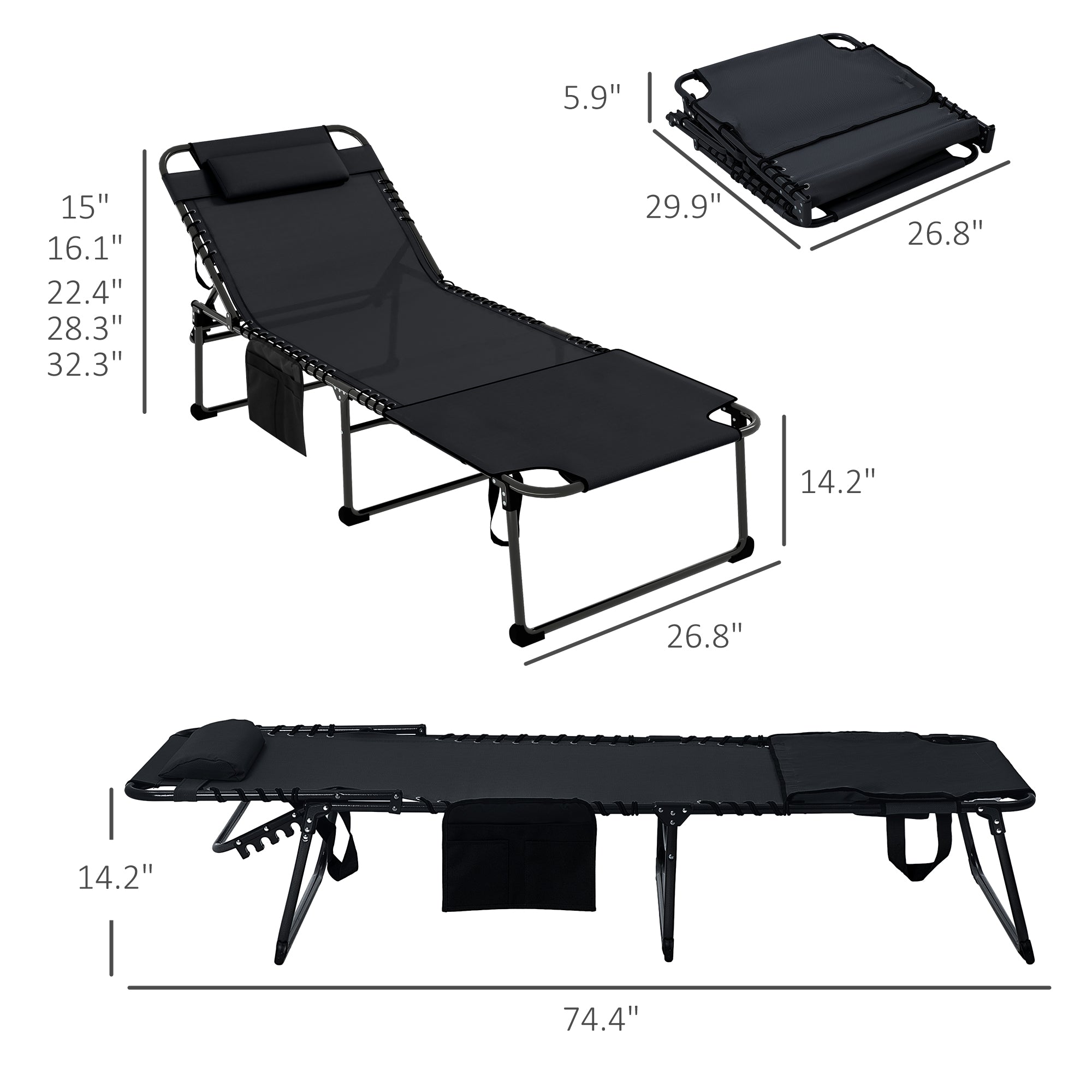 Folding Chaise Tanning Lounge Chair w/ 5-level Reclining Back, Reading Hole, Side Pocket, Headrest