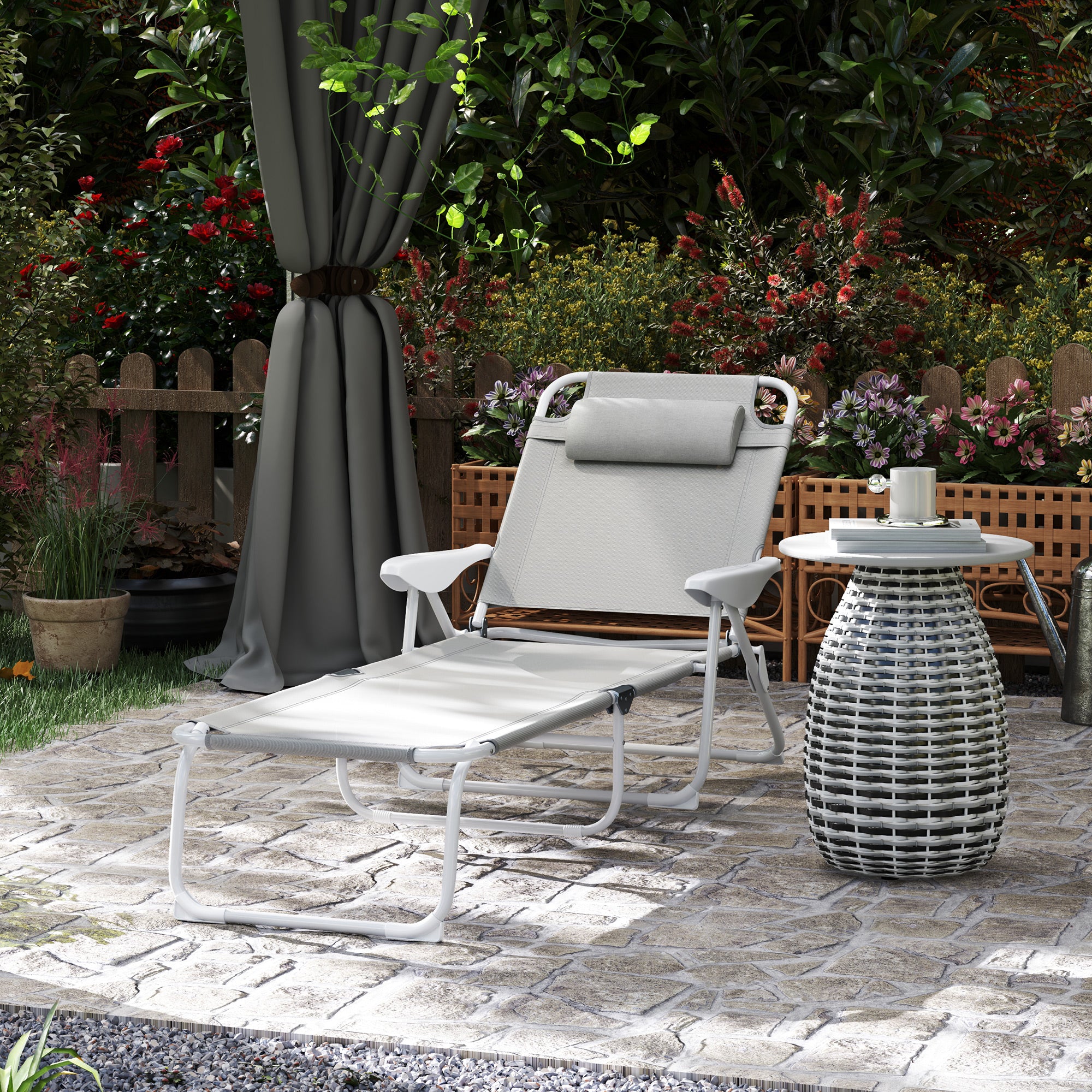 Folding Chaise Lounge, Outdoor Sun Tanning Chair, 4-Position Reclining Back, Armrests, Removable Pillow, Light Gray