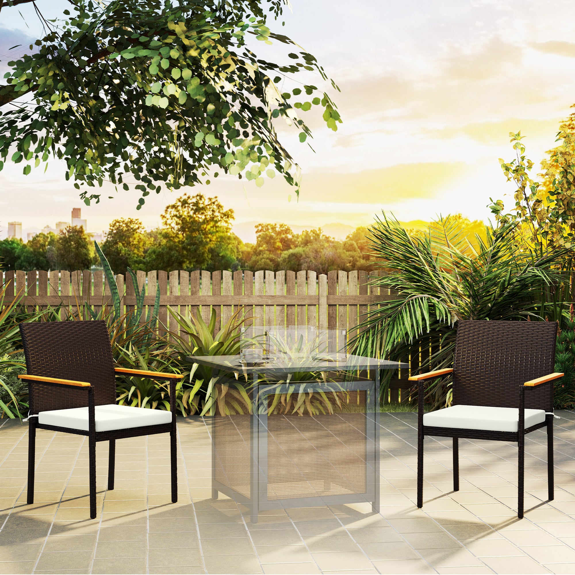 Stackable Patio Wicker Dining Chair Set of 2 with Cushions, Backrest, Armrests for Deck, Garden