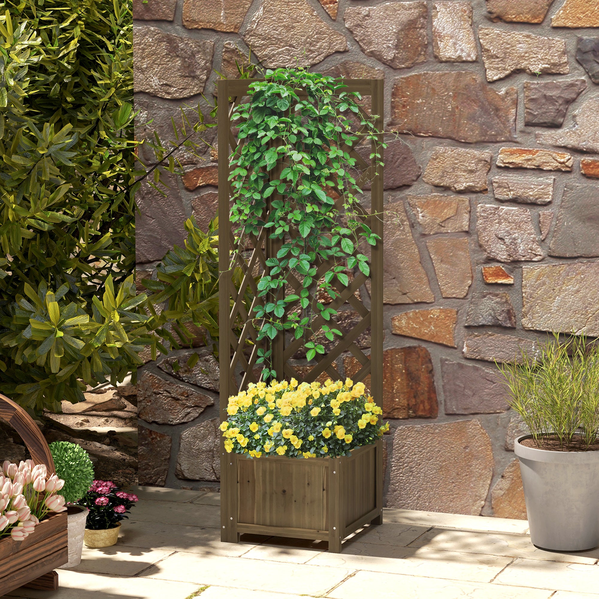 Wooden Raised Garden Bed, Planter with Trellis for Vine Climbing and Vegetables, Herbs and Flowers Growing
