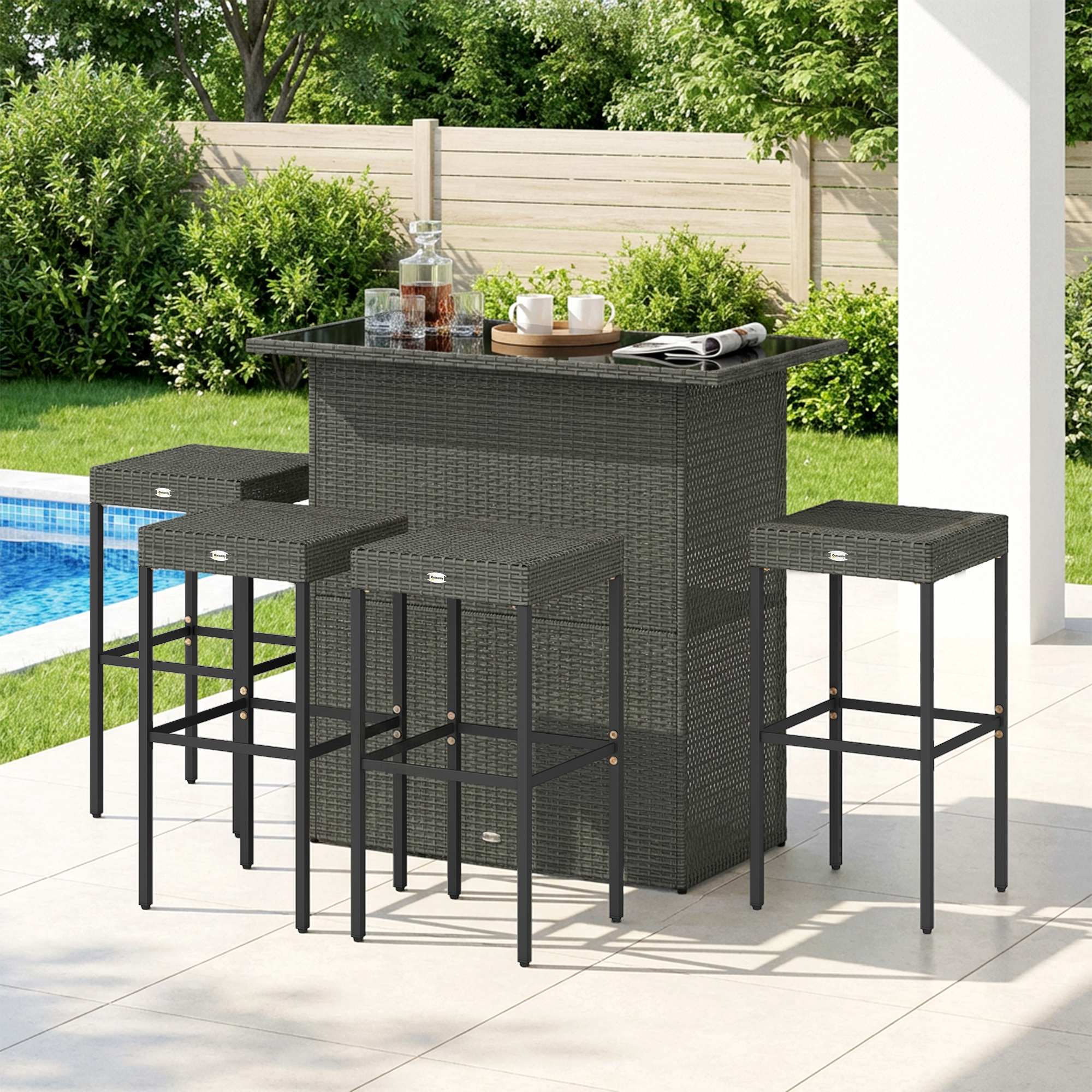 5 Piece Rattan Wicker Bar Set, High Top Outdoor Table and Chairs, Bar Height Patio Set, 2 Shelves & 4 Bar Stools