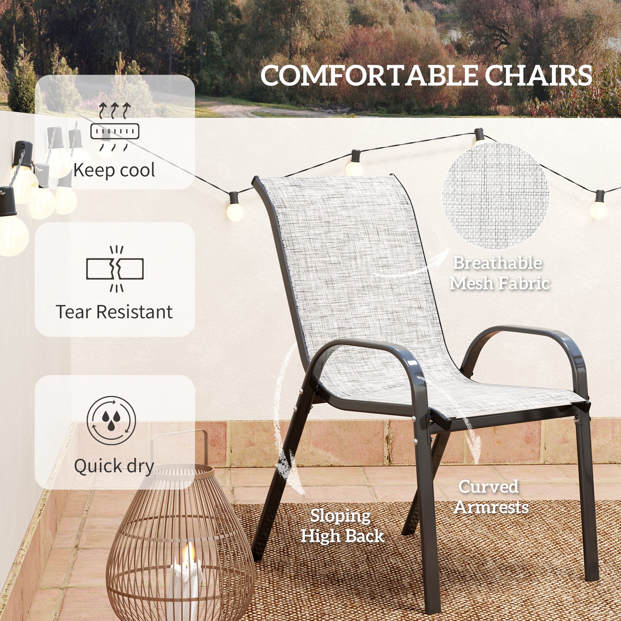 3 Pieces Bistro Set, Small Patio Furniture Set with Stackable Chairs and Glass Table for Backyard, Balcony