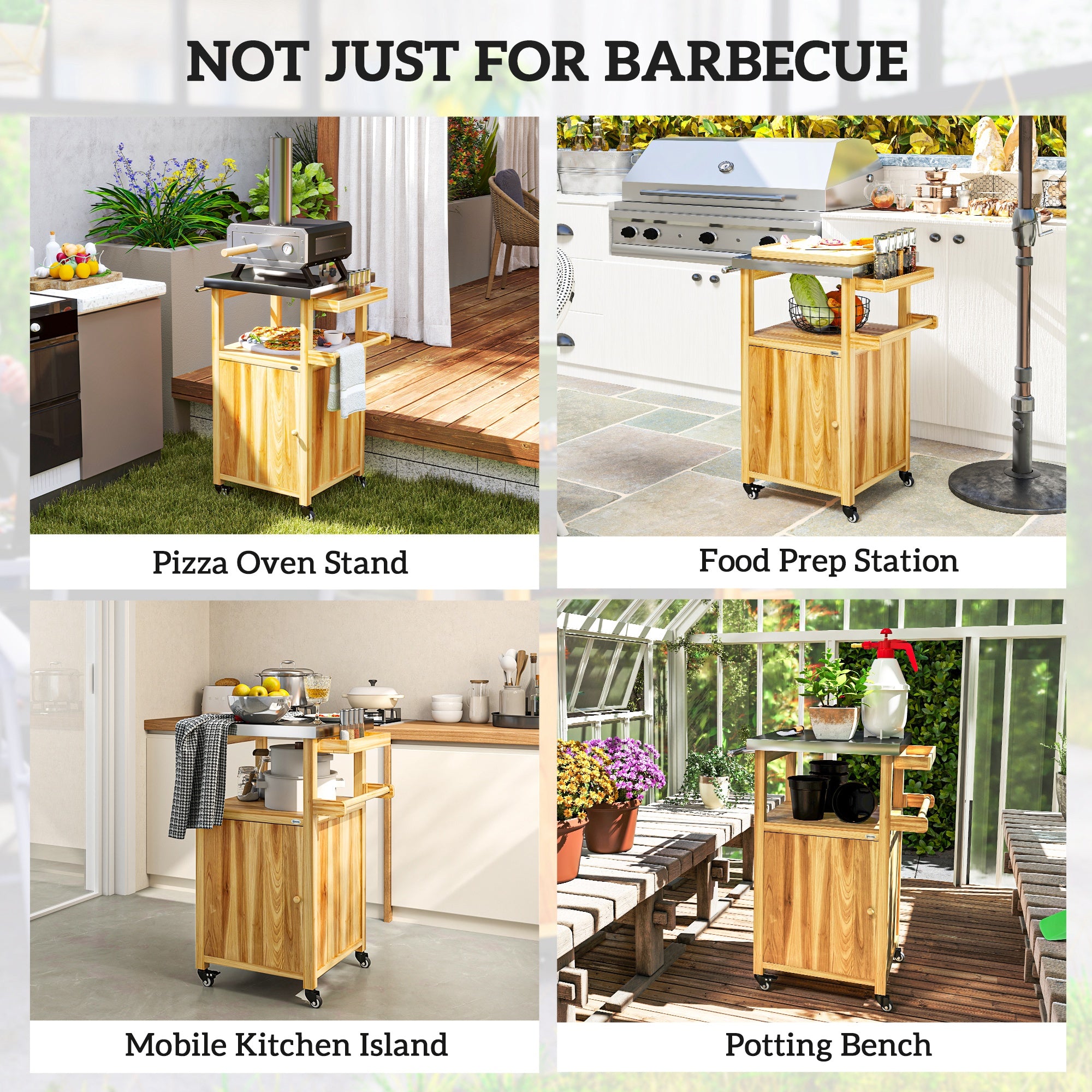 Outdoor Grill Cart w/ Stainless Steel Top, Solid Wood Outdoor Kitchen Island w/ Wheels, Integrated Hole