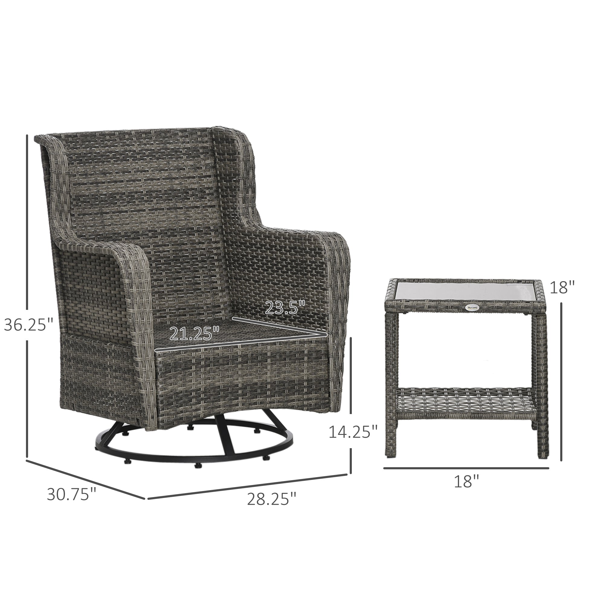 Patio Bistro Set, Porch Furniture with 360° Rotation & Rocking Function, 28.25"x30.75"x36.25"