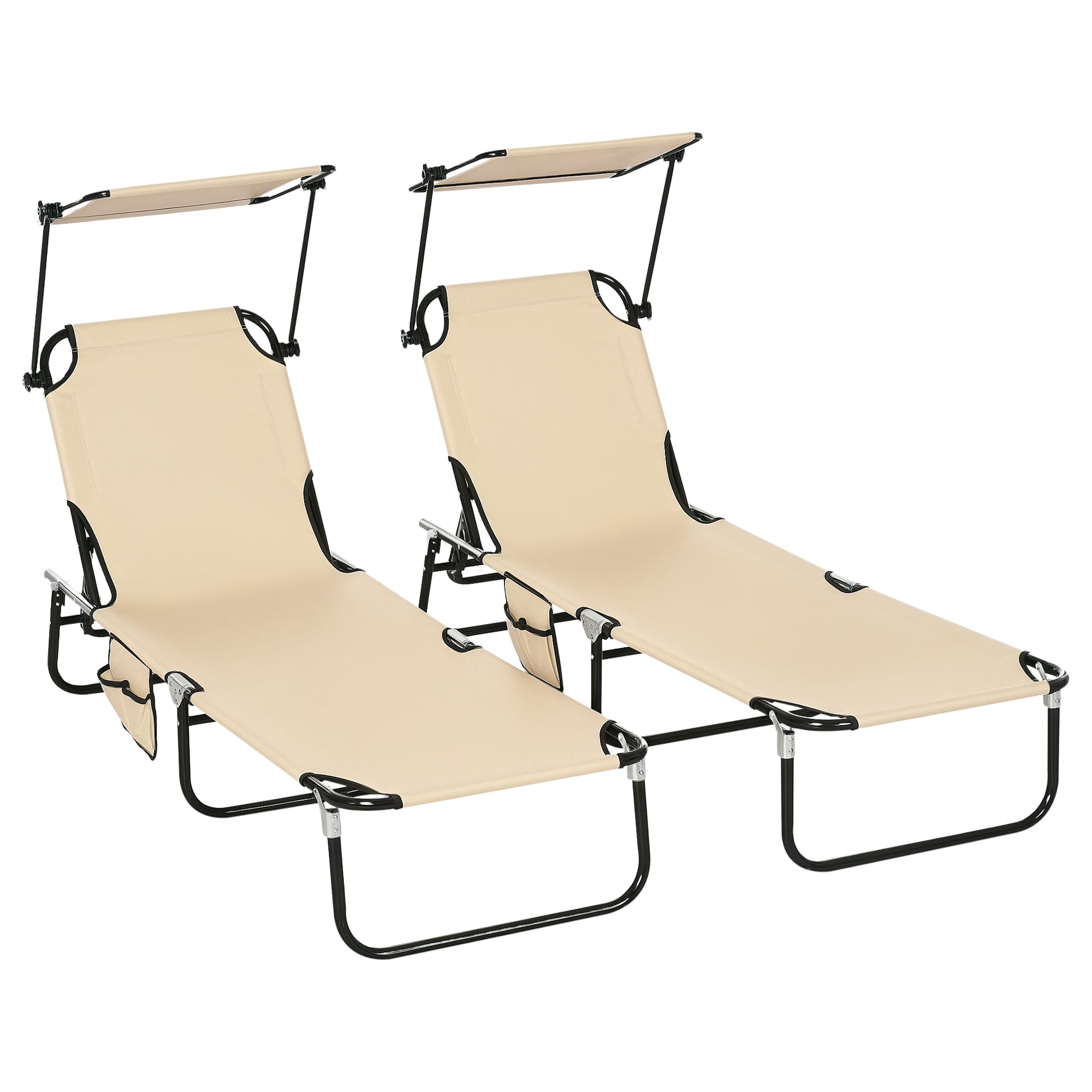 Chaise Pool Lounge Chairs Set of 2, Outdoor Sun Tanning Chairs, Reclining Back, Steel Frame and Side Pocket