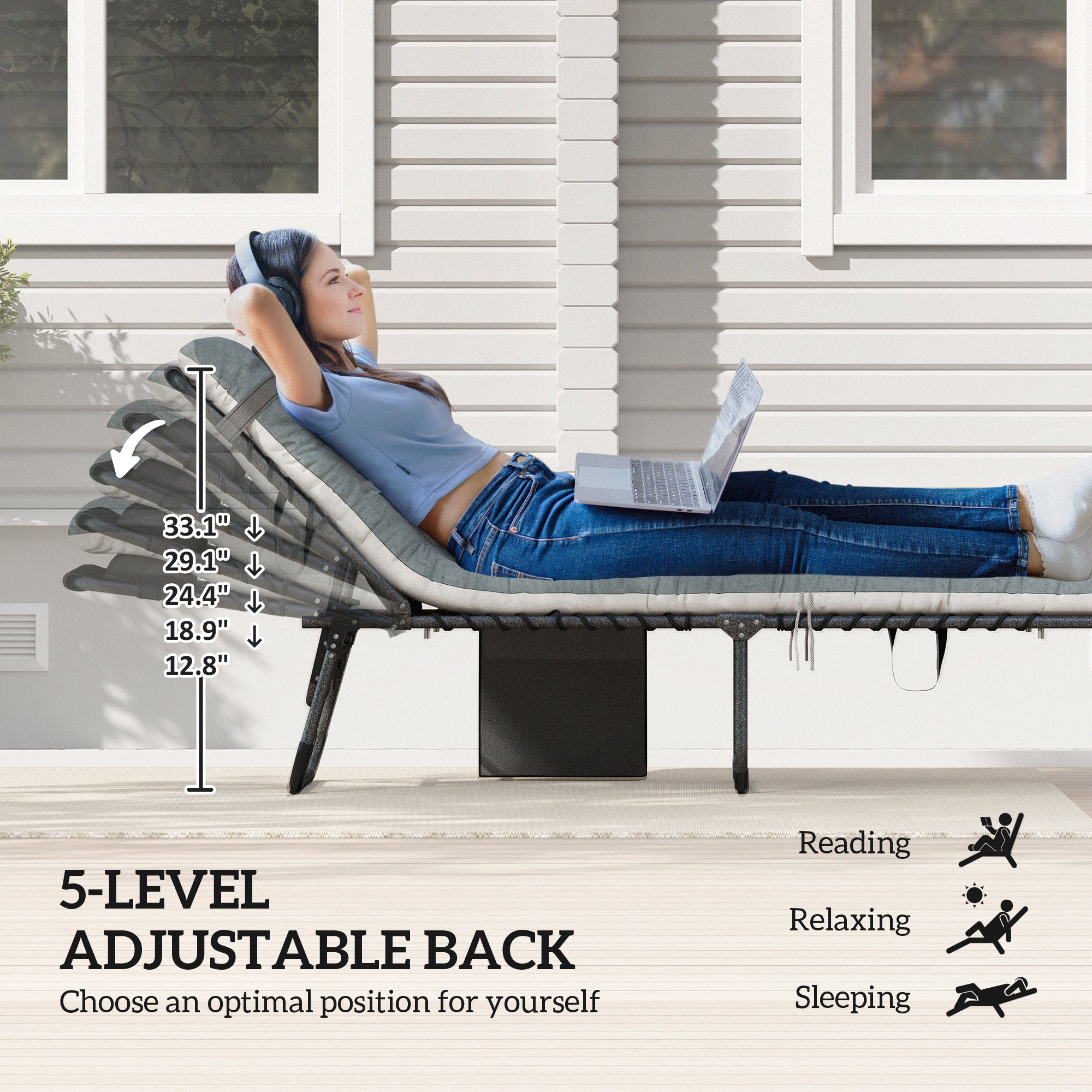 Outdoor Chaise Lounge Chair Set of 2, 5-Level Adjustable Folding Pool Lounge Chairs with Cushions