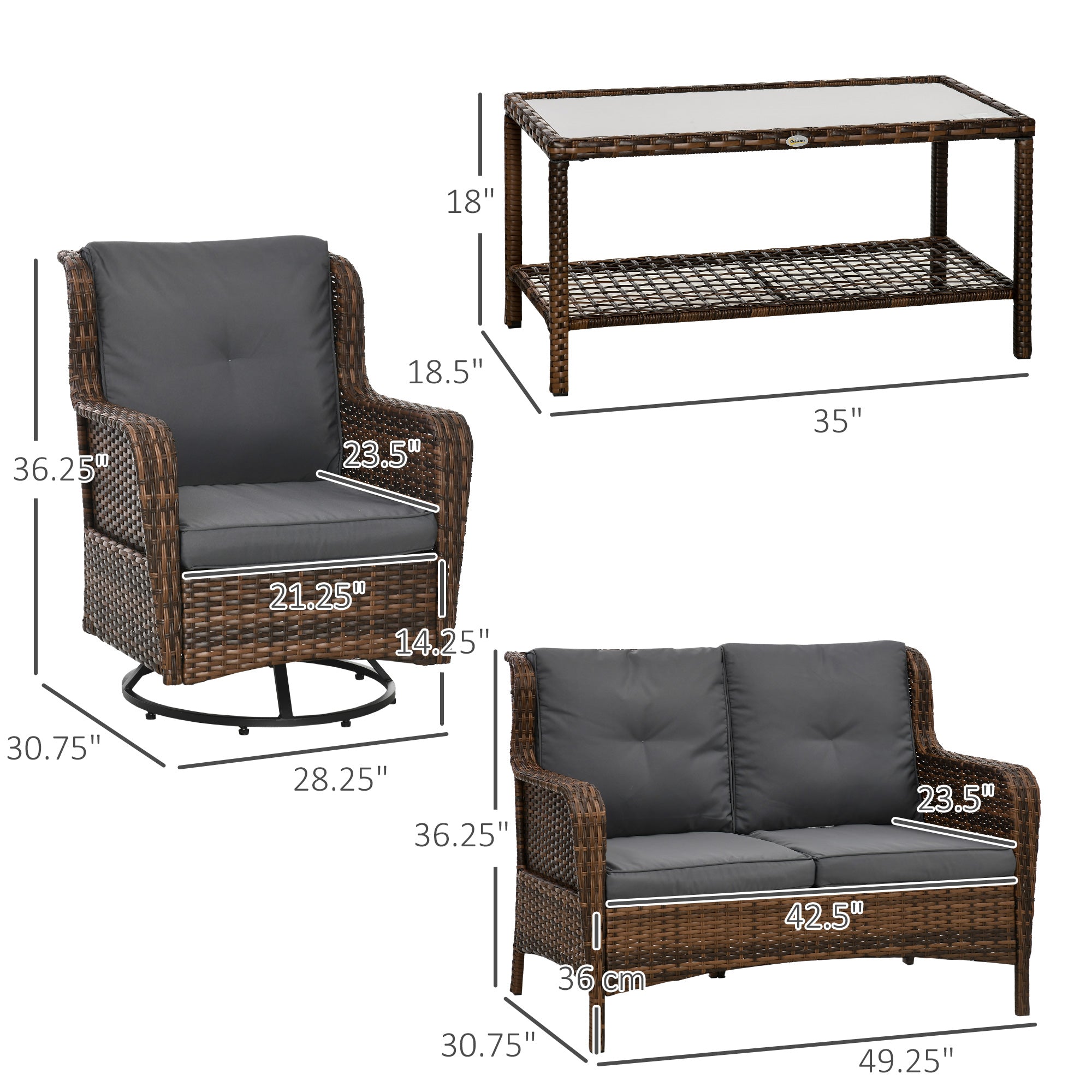 4 Piece PE Rattan Outdoor Patio Furniture Set, Wicker Conversation Set with 2 Swivel Glider Chairs, 2-Tier Glass Table and Loveseat for Garden, Patio, Poolside, Gray