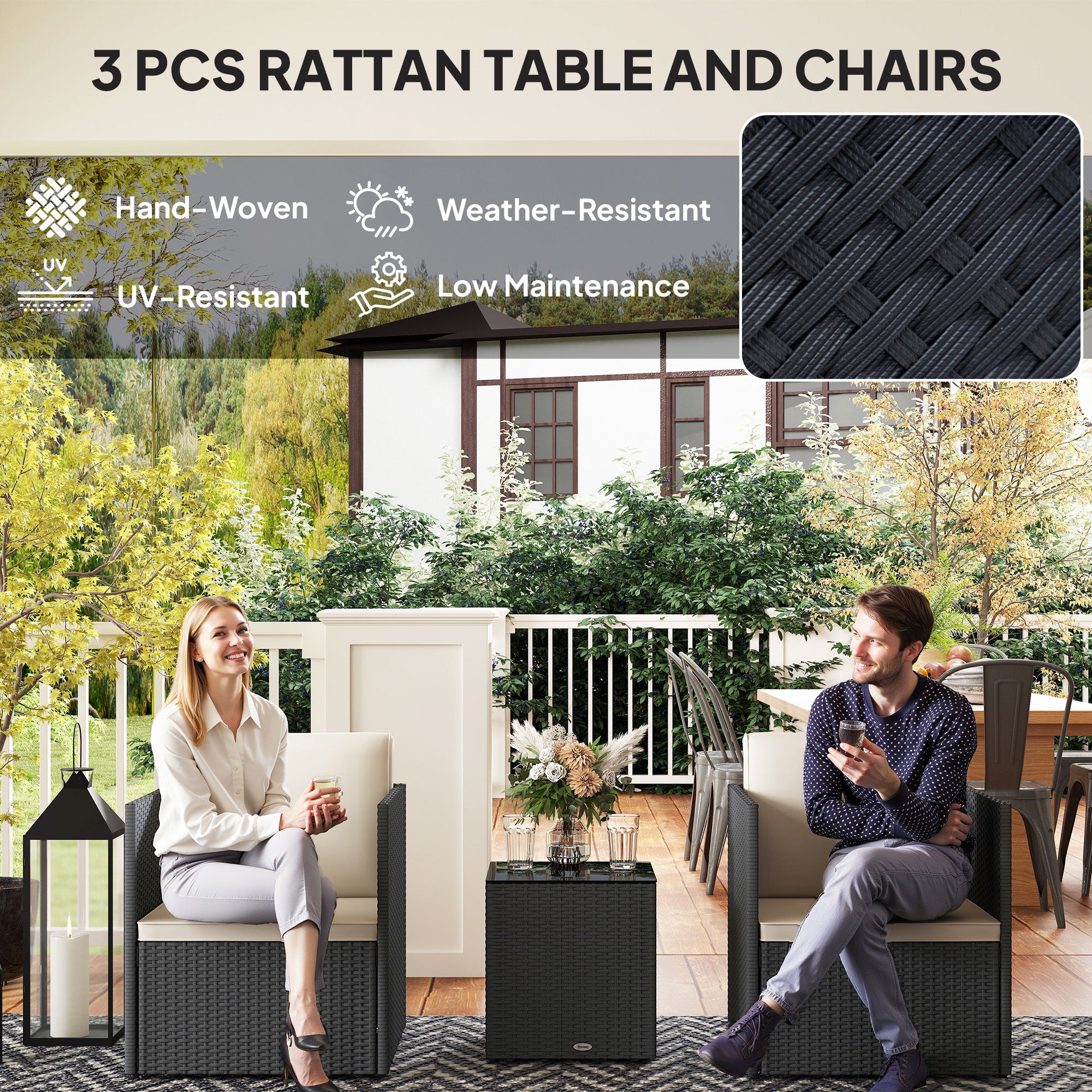 Folding Wicker Bistro Set, 3 Piece Patio Furniture Set with Cushions and Glass Coffee Table for Porch, Balcony