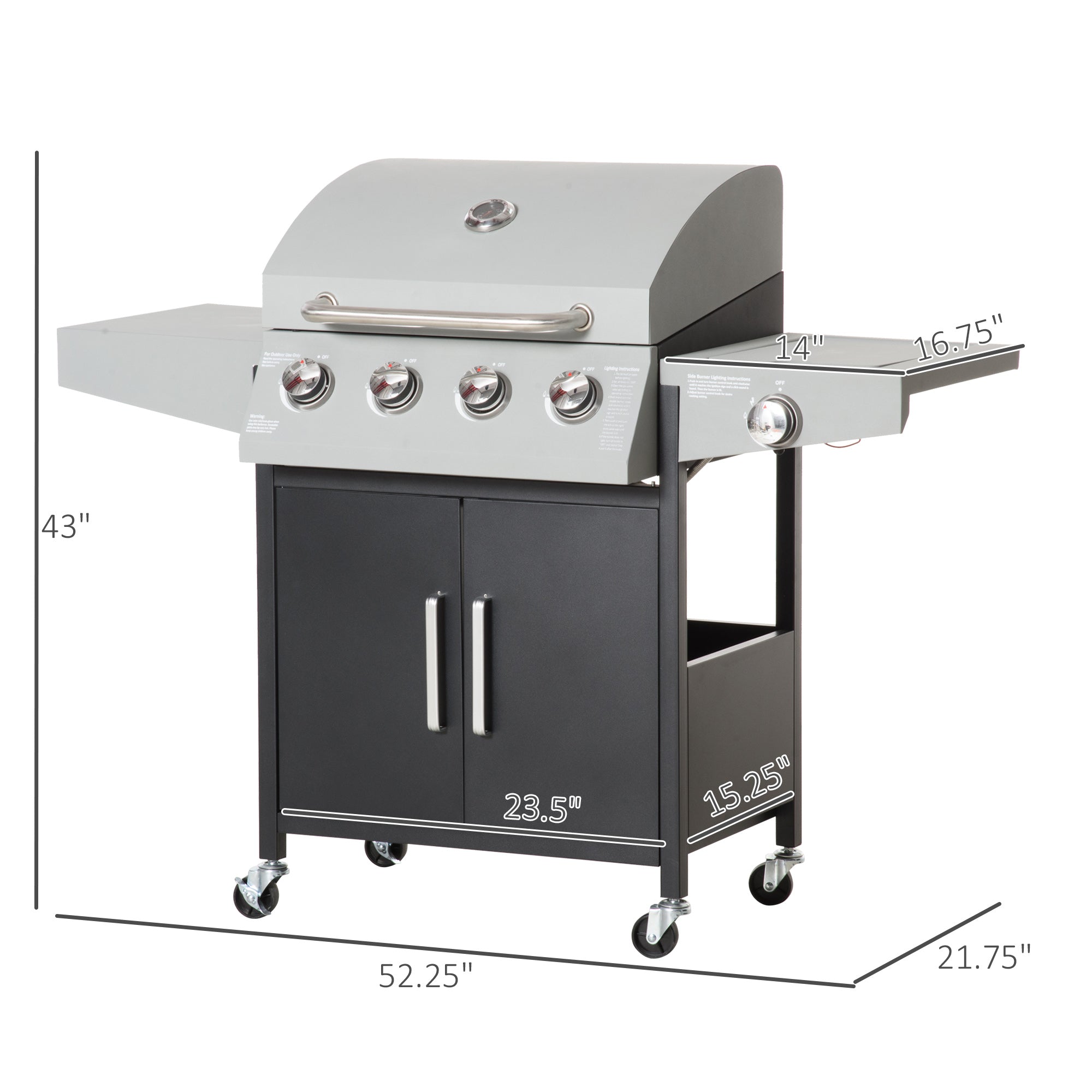 52" Barbecue Grill with Wheels 4+1 Burner Liquid Propane Gas Grill Outdoor Cabinet Style BBQ Trolley w/ Side Burner