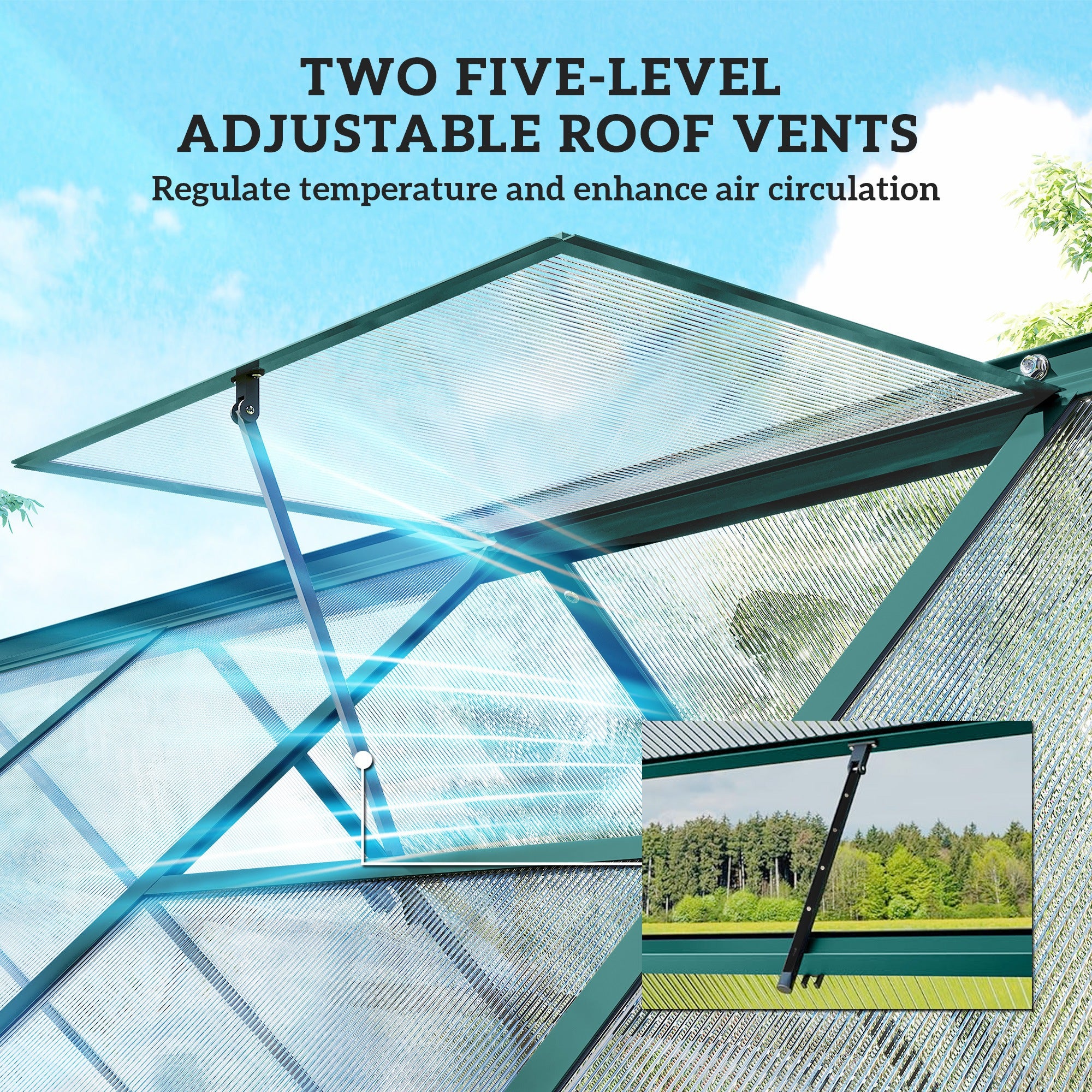Polycarbonate Greenhouse with Swing Door and Two Adjustable Roof Vents, Aluminum Walk-in Greenhouse, 11x6 ft