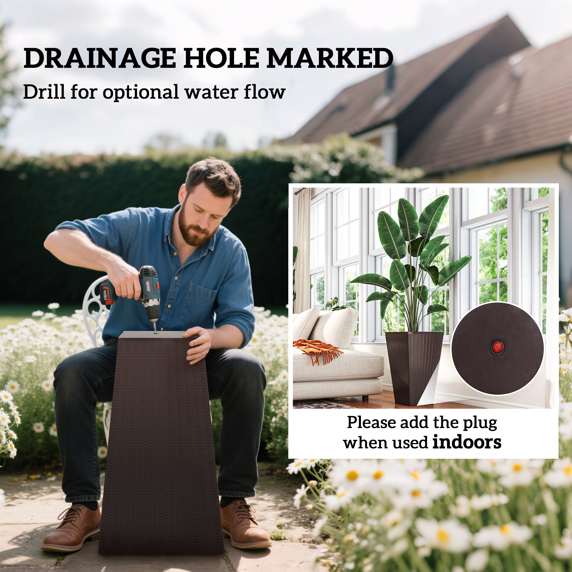 Set of 3 Tall Planters with Drainage Hole, 24" Outdoor Flower Plant Pots, Indoor Planters for Porch, Front Door, Entryway, Patio and Deck