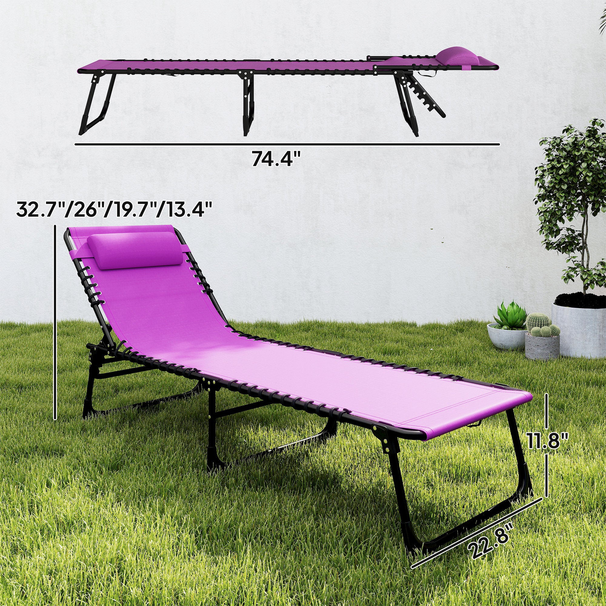 2 Folding Chaise Lounge Pool Chairs with 4-Position Reclining Back, Pillow, Breathable Mesh & Bungee Seat