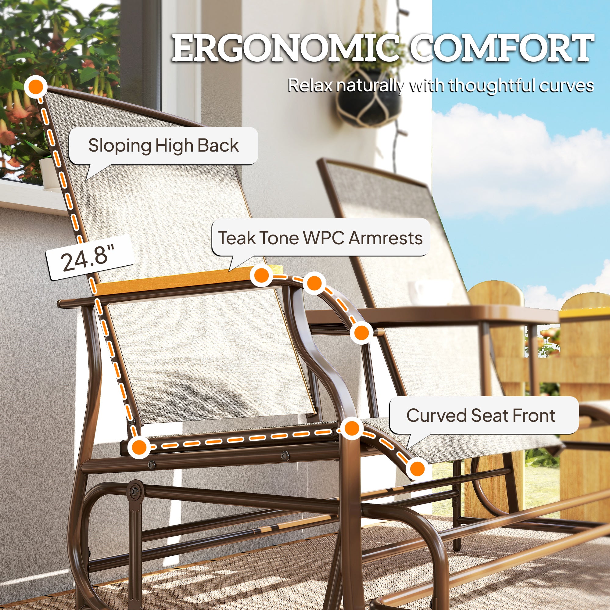 Outdoor 2-Person Glider Bench, Outside Glider Swing Chair Loveseat with Table, Steel Frame