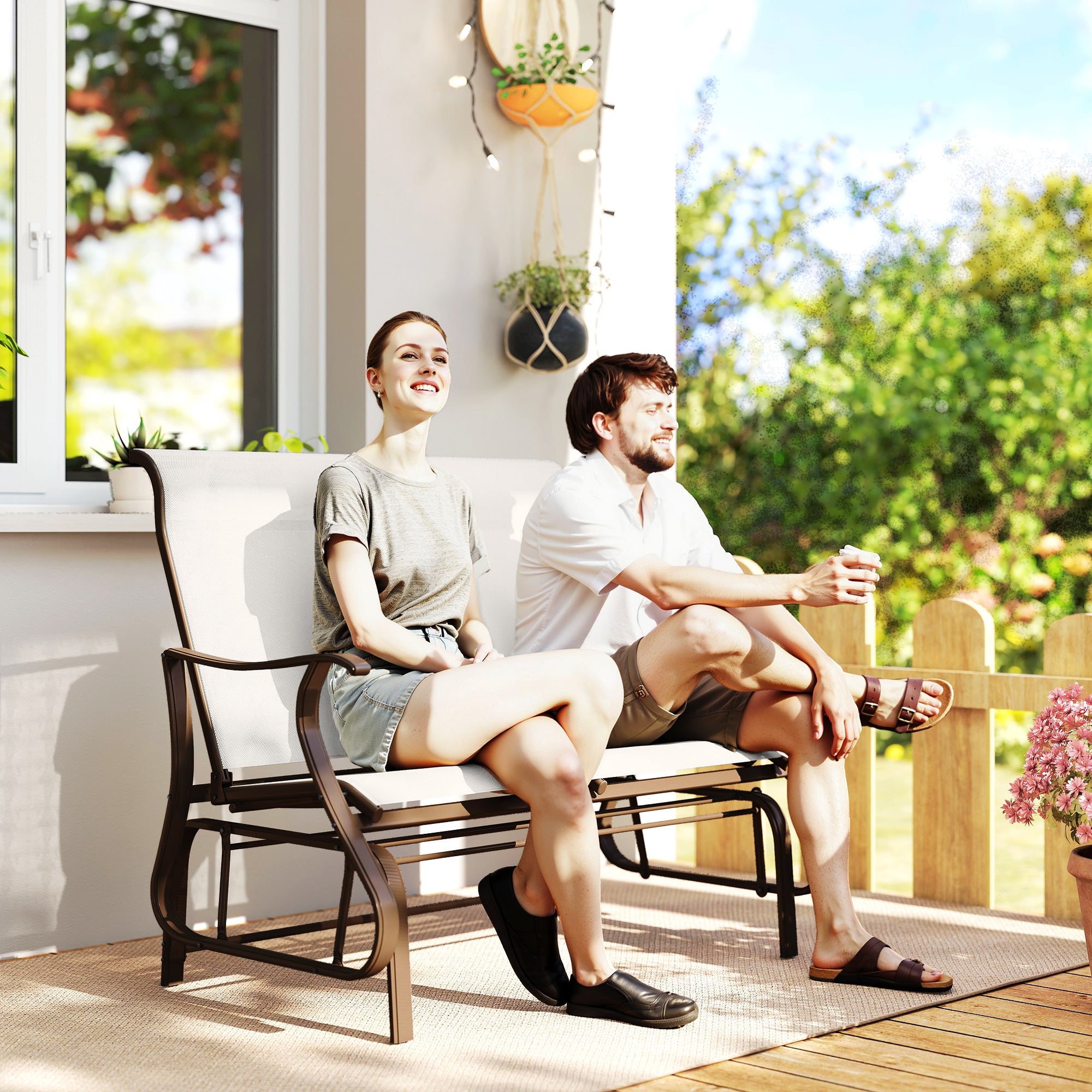 2-Person Outdoor Glider Bench, Patio Glider Loveseat Chair with Powder Coated Steel Frame, 2 Seats Porch Rocking Glider for Backyard, Lawn and Garden