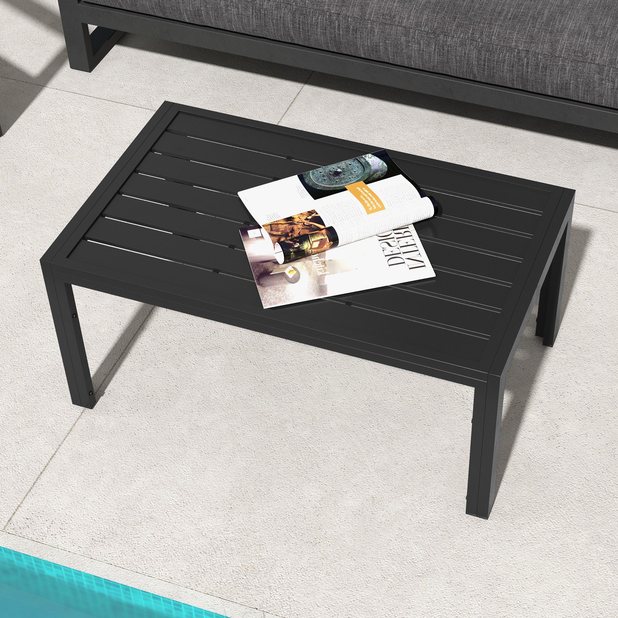 Outdoor Coffee Table, Rectangular Patio Side Table with Steel Frame and Slat Tabletop for Garden, Balcony, Black