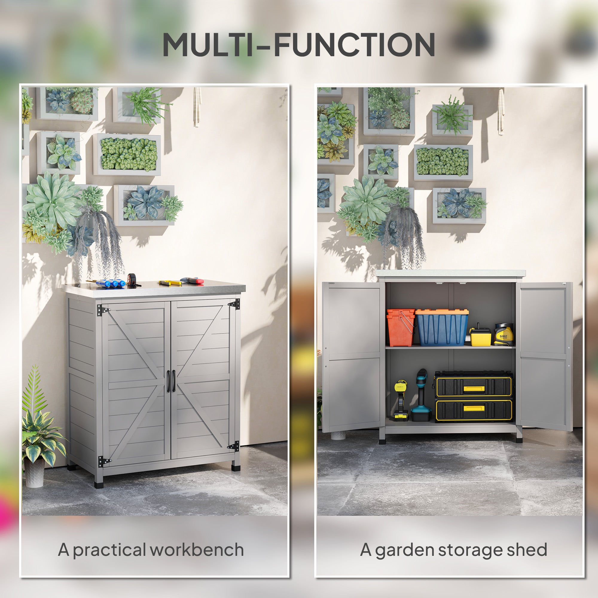 Wooden Storage Cabinet, Outdoor Prep Table with Metal Tabletop, Shelves and Double Doors for Patio, Garden