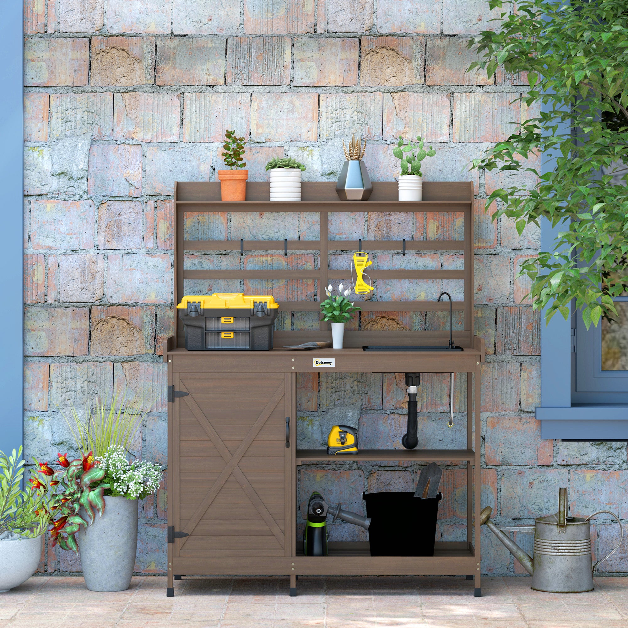 Wooden Potting Bench with Storage, Sink, Water Tap for Backyard, Patio, Balcony