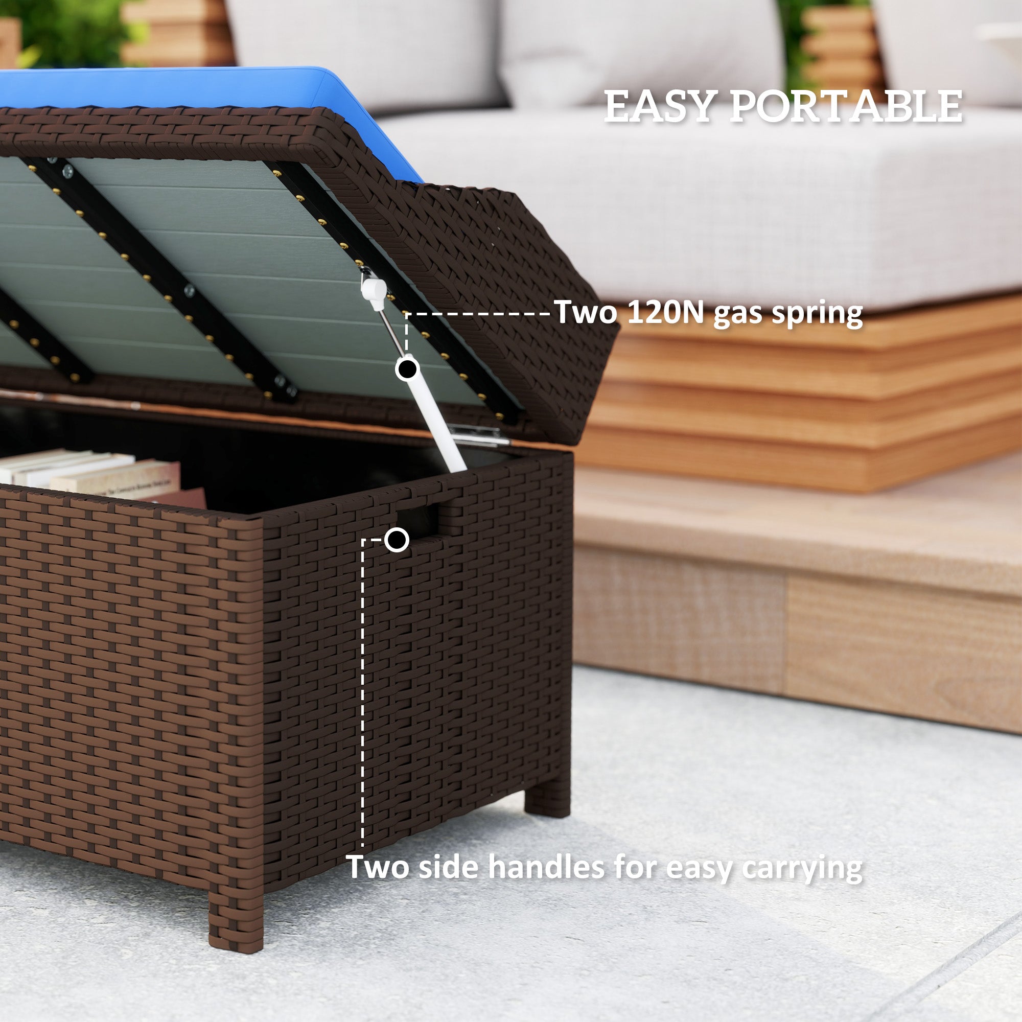 Outdoor Wicker Storage Bench with Storage & Cushion, Blue