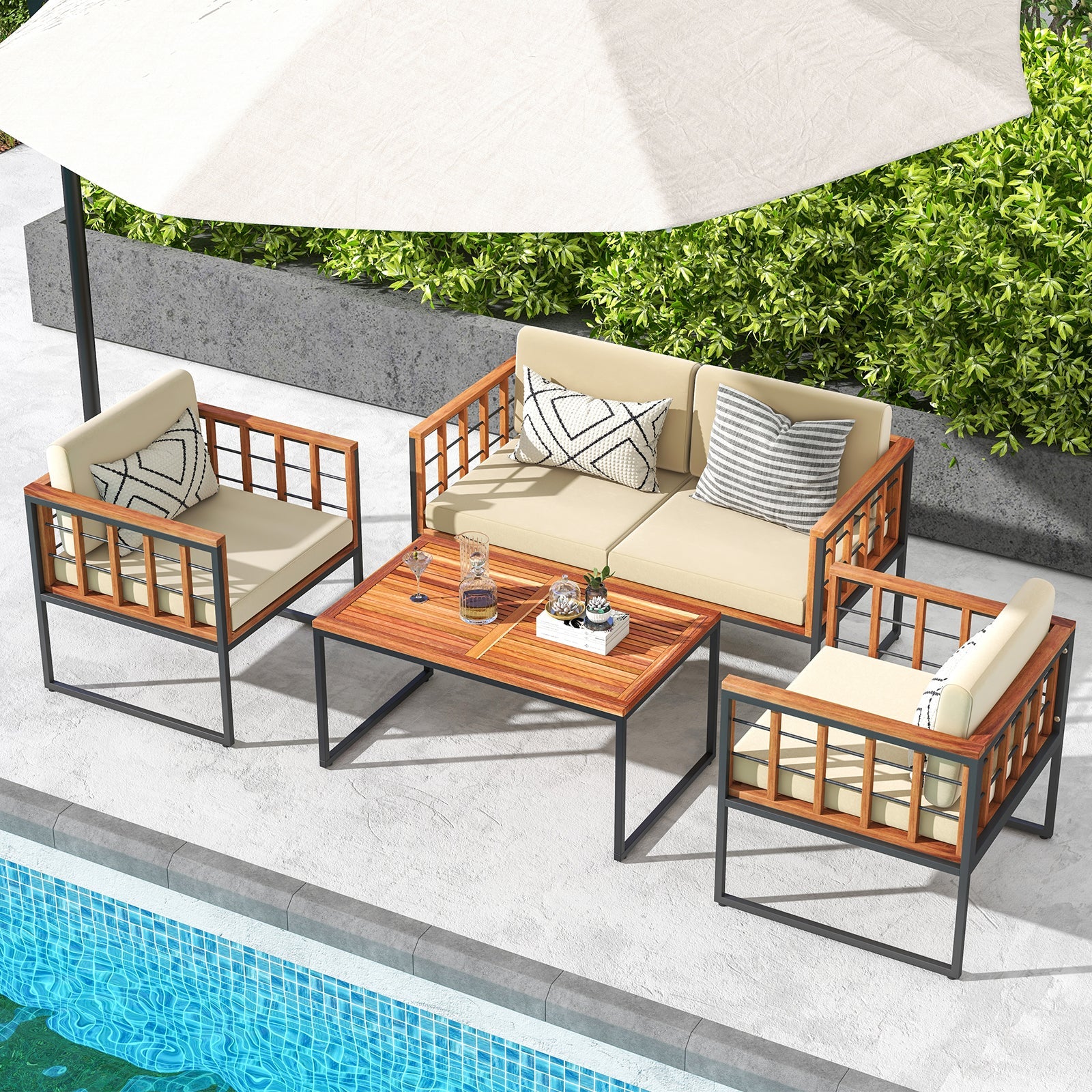 4 Pieces Acacia Wood Outdoor Sofa Set for Balcony Porch Backyard Poolside