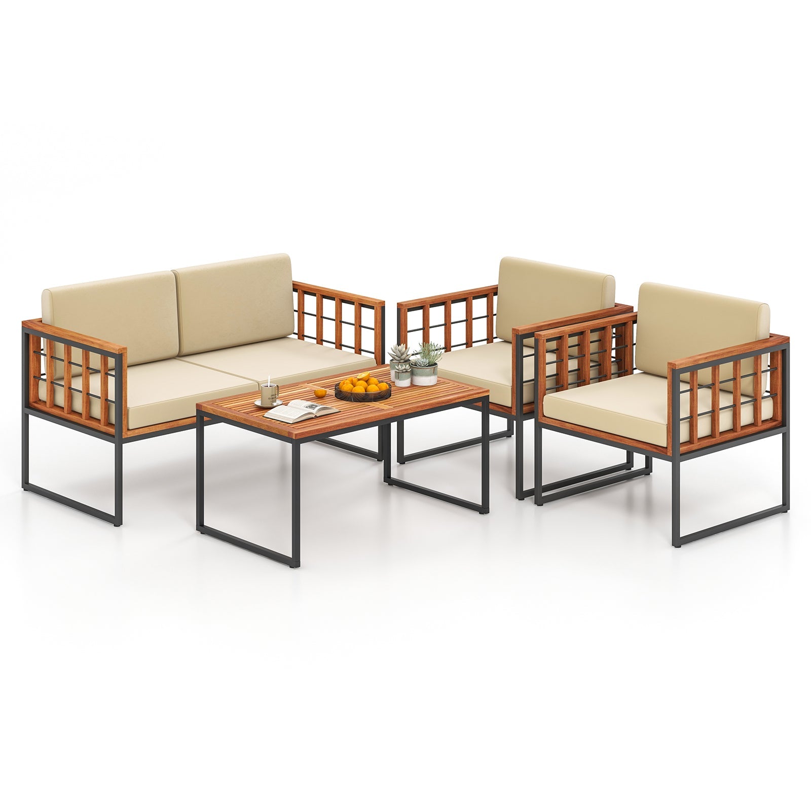 4 Pieces Acacia Wood Outdoor Sofa Set for Balcony Porch Backyard Poolside