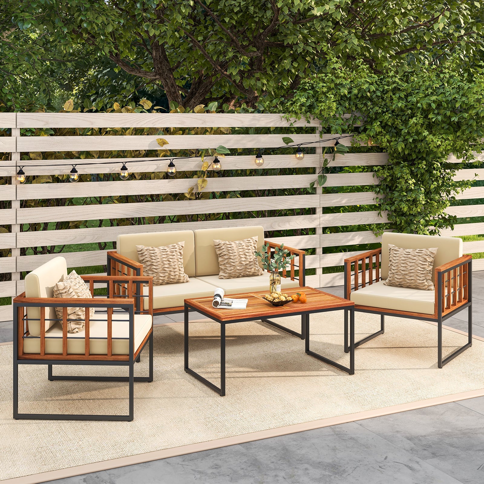4 Pieces Acacia Wood Outdoor Sofa Set for Balcony Porch Backyard Poolside