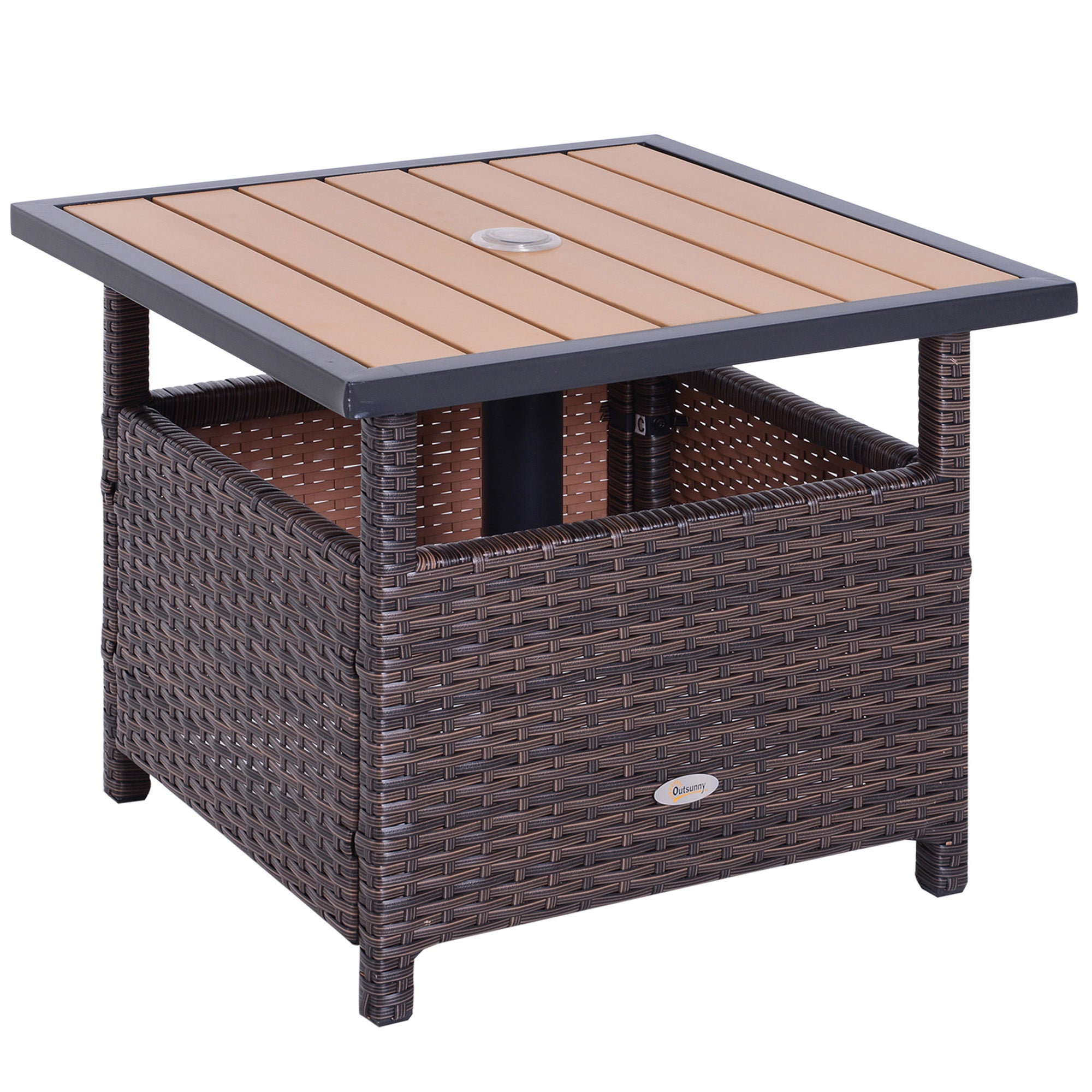 22" Outdoor Side Table with Umbrella Hole, Rattan Wicker End Table with Sand Bag and Steel Frame for Patio, Garden, Backyard
