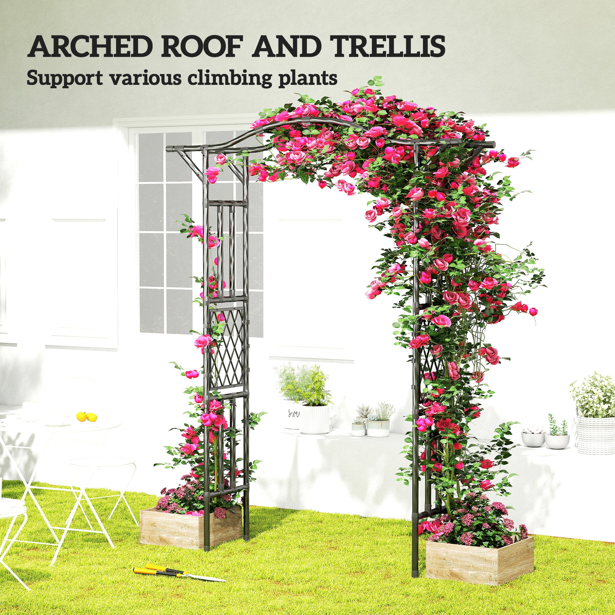 Garden Arch, PE-Coated Steel Garden Arch Trellis with Extended Top, Black