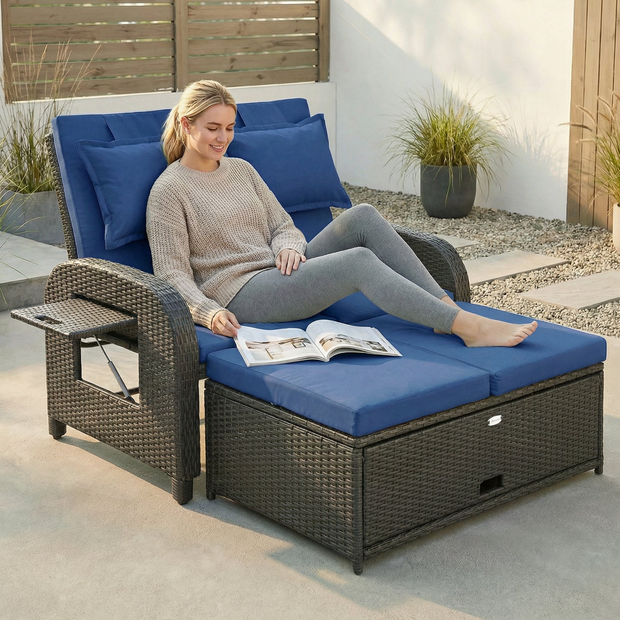 Patio Rattan Daybed, Wicker Outdoor Daybed with Storage Ottoman, Loveseat w/ Adjustable Backrest