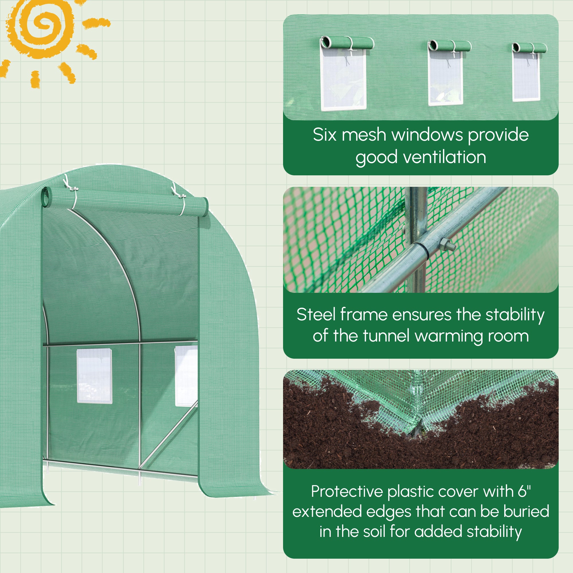 15' x 7' x 7' Walk-in Tunnel Hoop Greenhouse, Green House for Outside with PE Cover, Steel Frame, Roll-Up Zipper Door & Windows for Flowers, Vegetables, Tropical Plants, Green