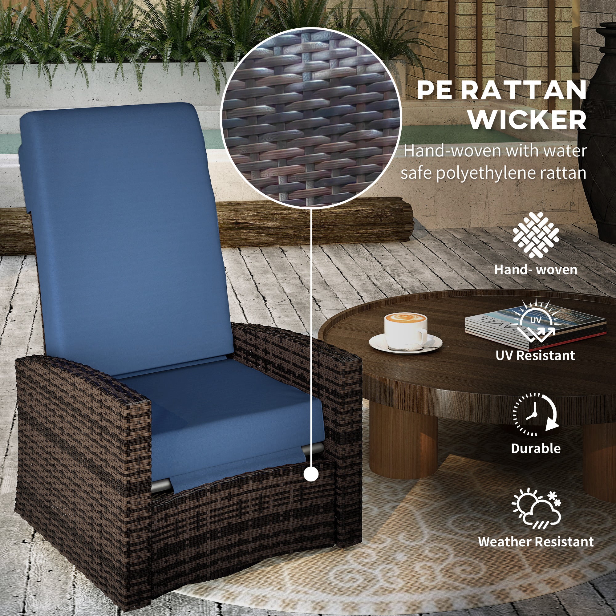 Outdoor Wicker Swivel Recliner Chair, Lifting Footrest, 360° Rotating Basic, Water-resistant Cushions, Dark