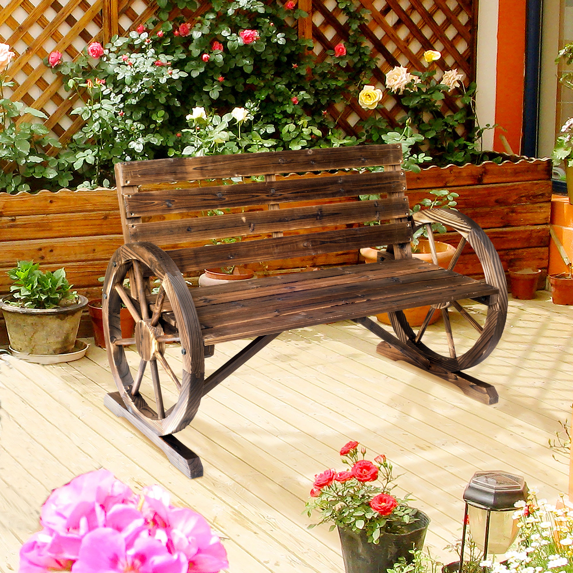 41" Wooden Wagon Wheel Bench, Rustic Outdoor Patio Bench Weather Resistance Furniture, 2-Person Slatted Seat with Backrest