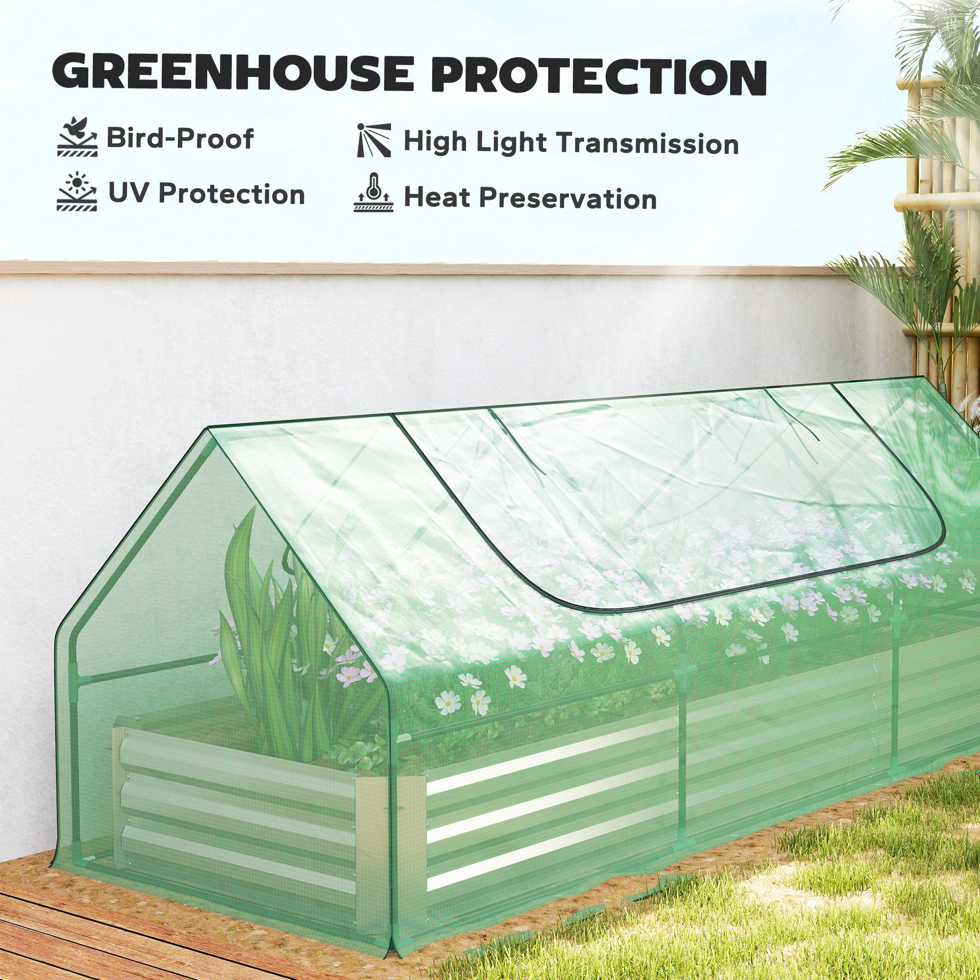 8.6 x 3 x 1ft Metal Planter Box with Mini Greenhouse, Galvanized Raised Garden Bed with Cover for Herbs and Vegetables, Small Greenhouse for Patio Garden Balcony