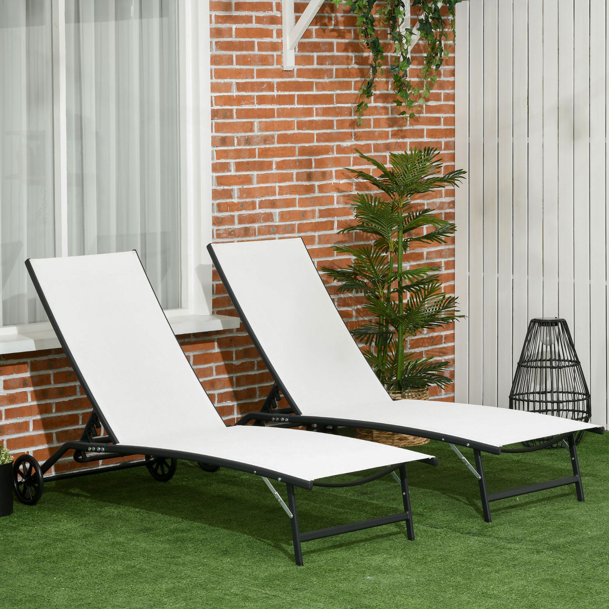 Chaise Lounge Outdoor, 2 Piece Lounge Chair with Wheels, Tanning Chair with 5 Adjustable Positions for Patio, Beach, Yard, Pool