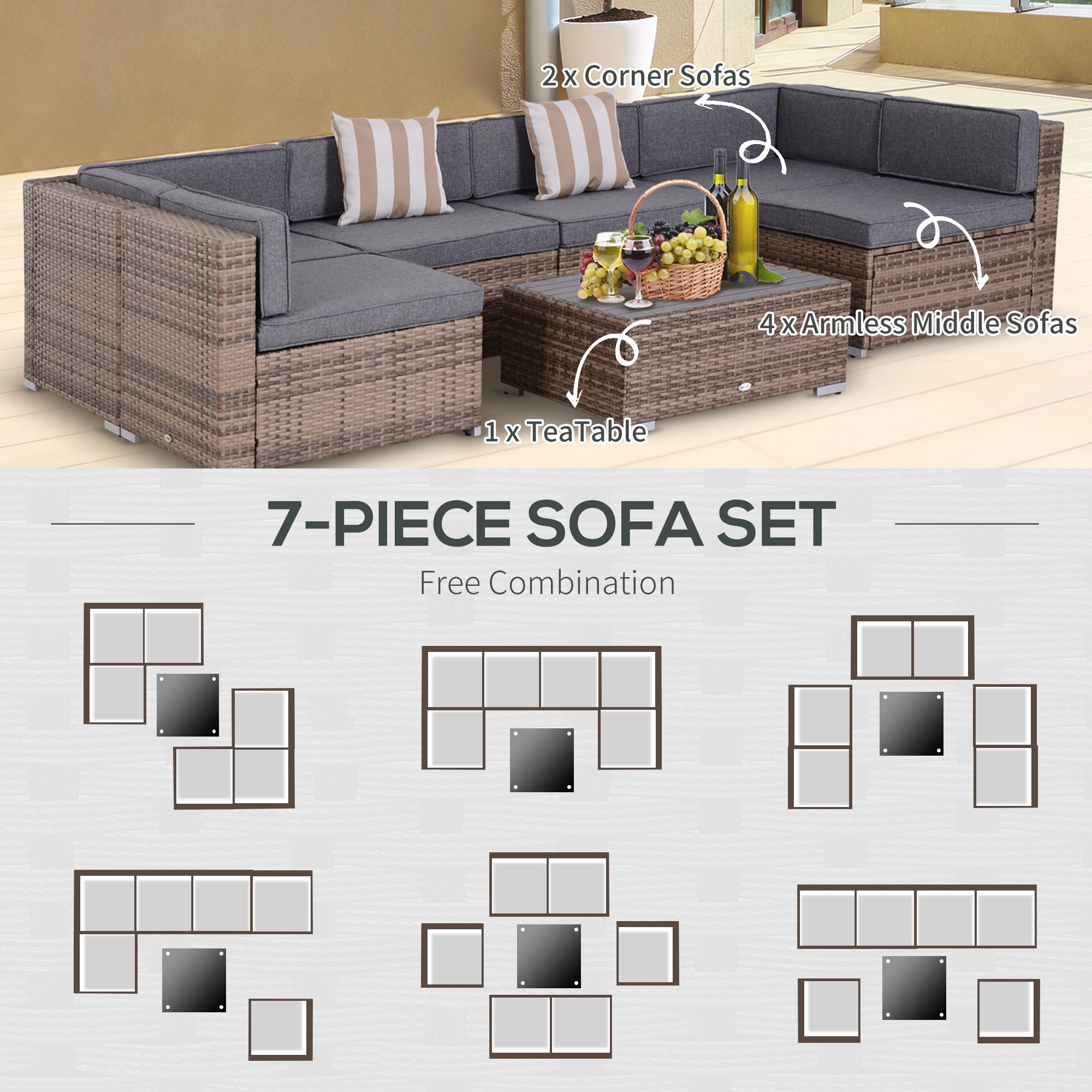 Modern Rattan Patio Furniture Set, 7-Piece Outdoor Wicker Sofa Set with Cushions for Home & Family Gatherings