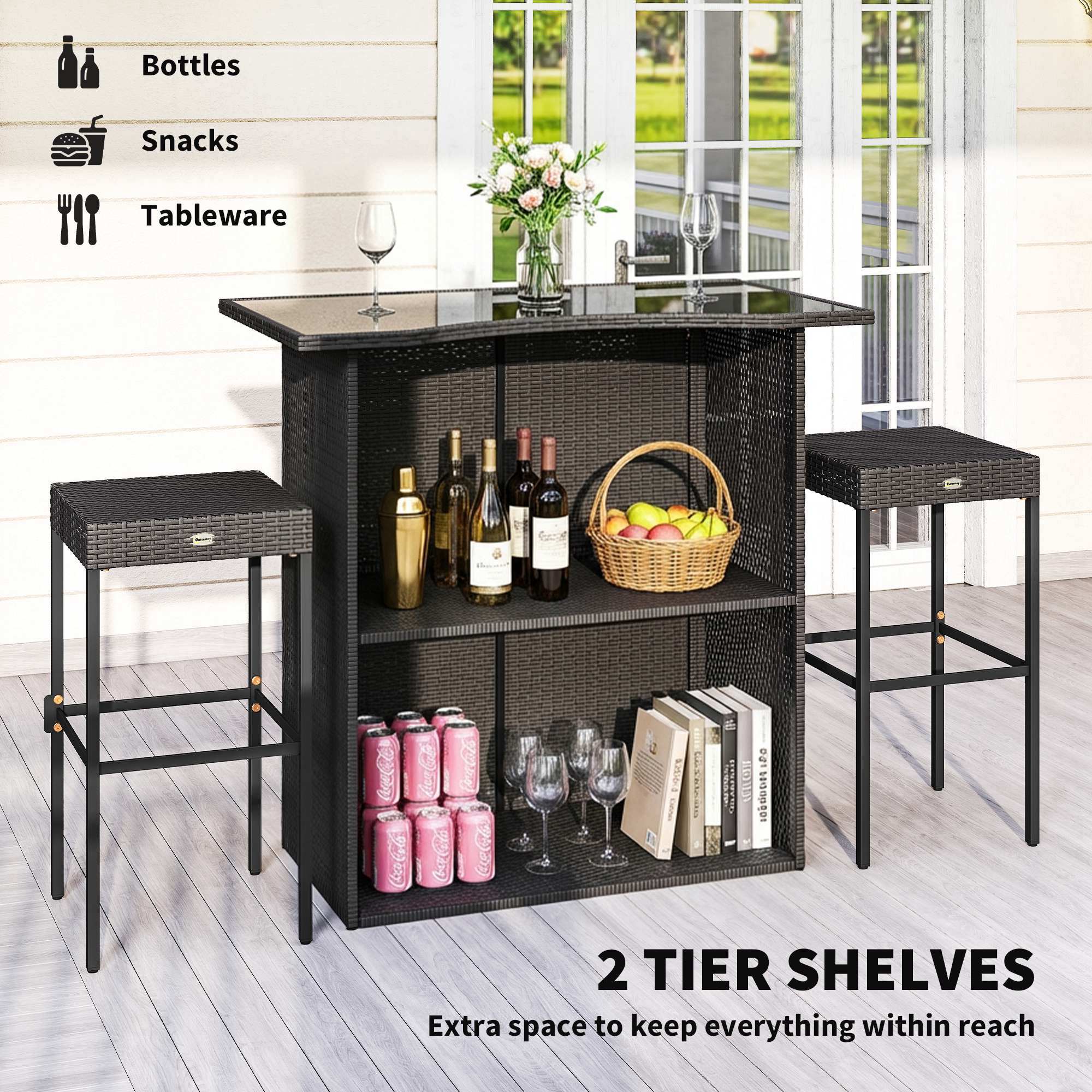 5 Piece Rattan Wicker Bar Set, High Top Outdoor Table and Chairs, Bar Height Patio Set, 2 Shelves & 4 Bar Stools