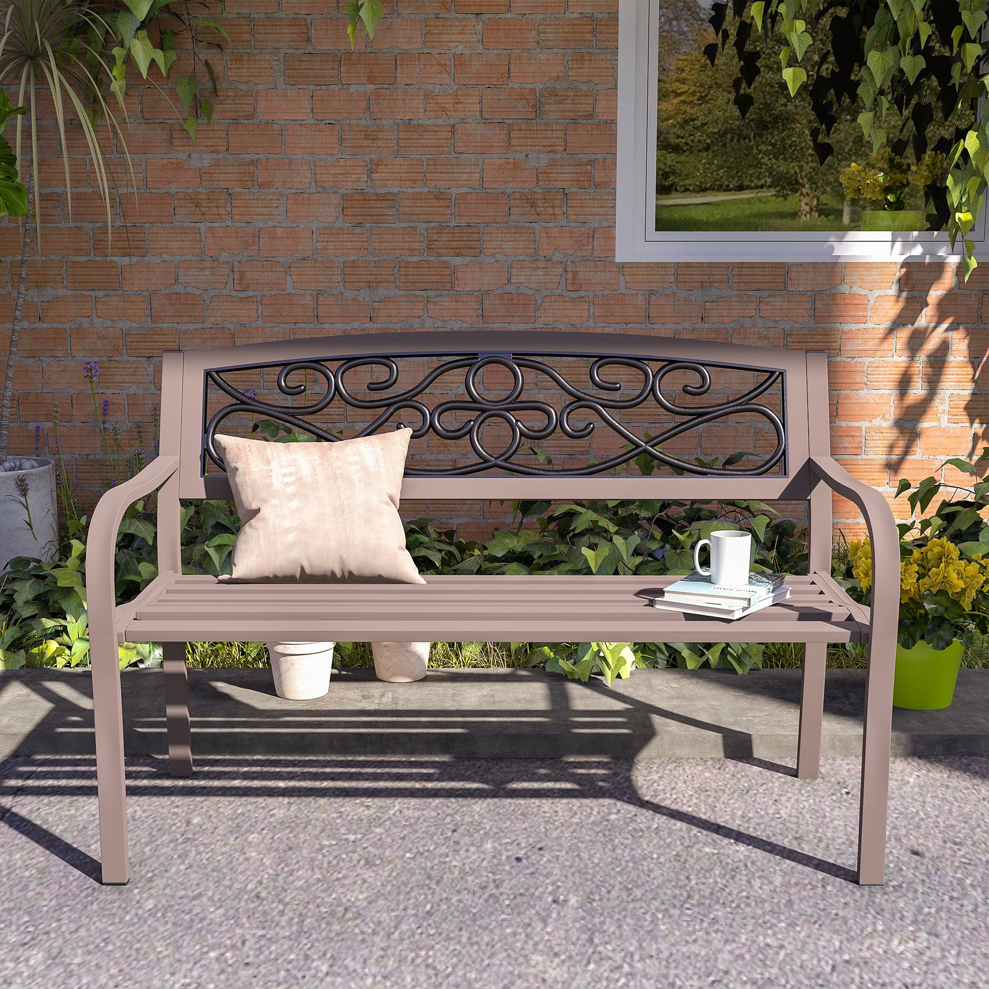 50" Outdoor Bench, Metal Garden Bench with Floral Pattern Backrest, Porch Bench with Slatted Seat for Park, Yard, Lawn, Brown