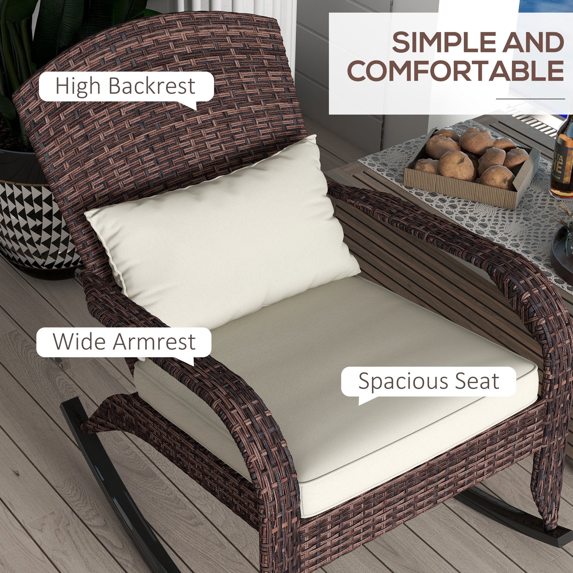 Adirondack Chair, Outdoor Wicker Rocking Chair with High Back, Seat Cushion, and Pillow for Porch, Balcony