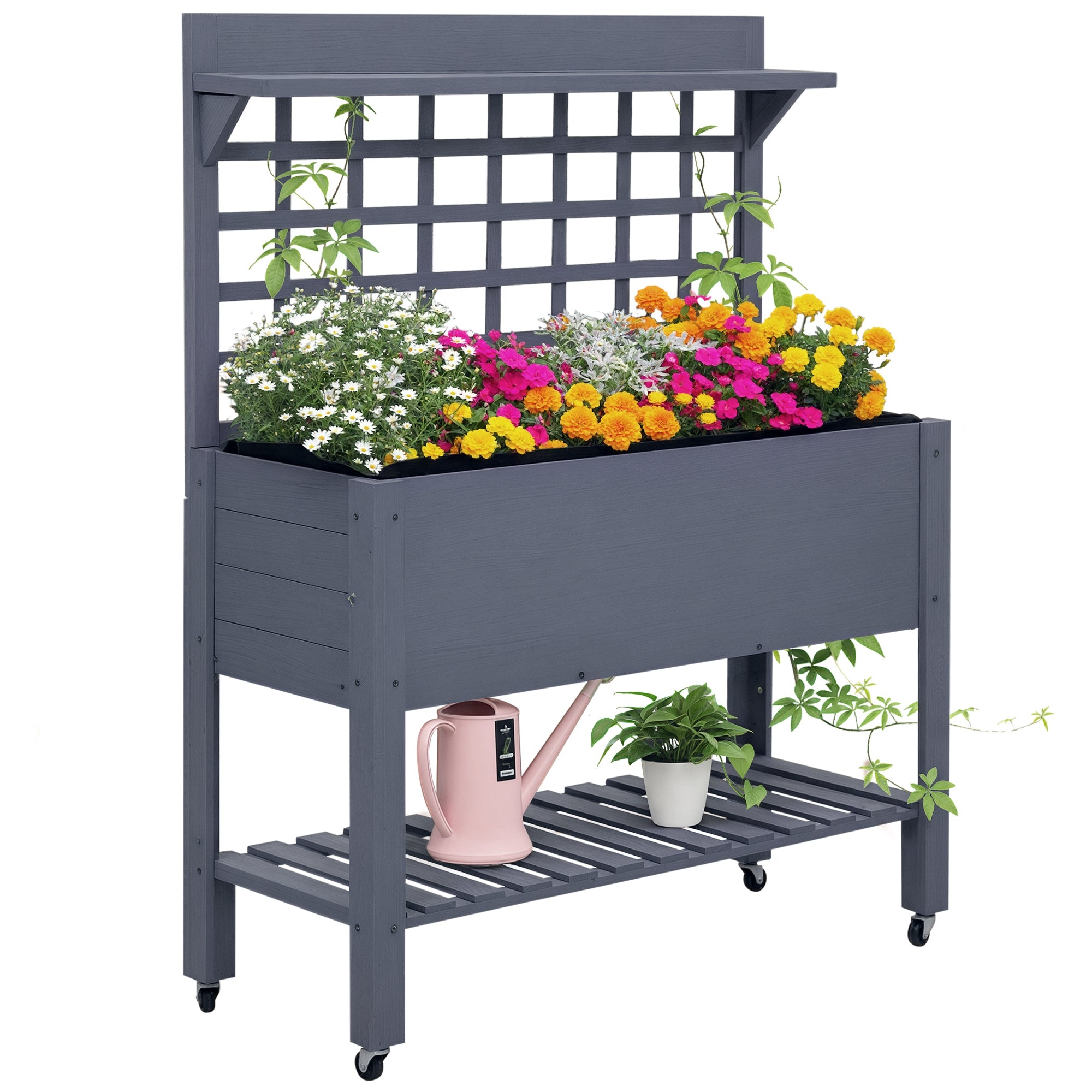 41" Raised Garden Bed Mobile Elevated Wooden Planter Box Stand with Wheels, Trellis and Storage Shelf