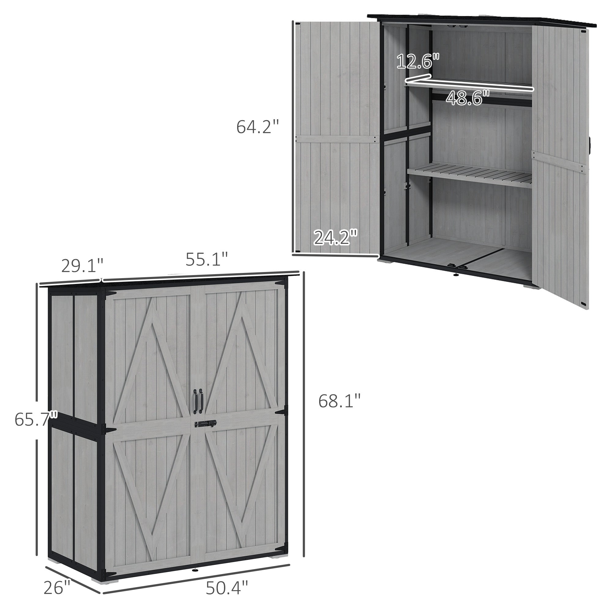 Wood Storage Shed, Outdoor Garden Shed with Asphalt Roof, 2 Shelves, Lockable Doors and Adjustable Feet