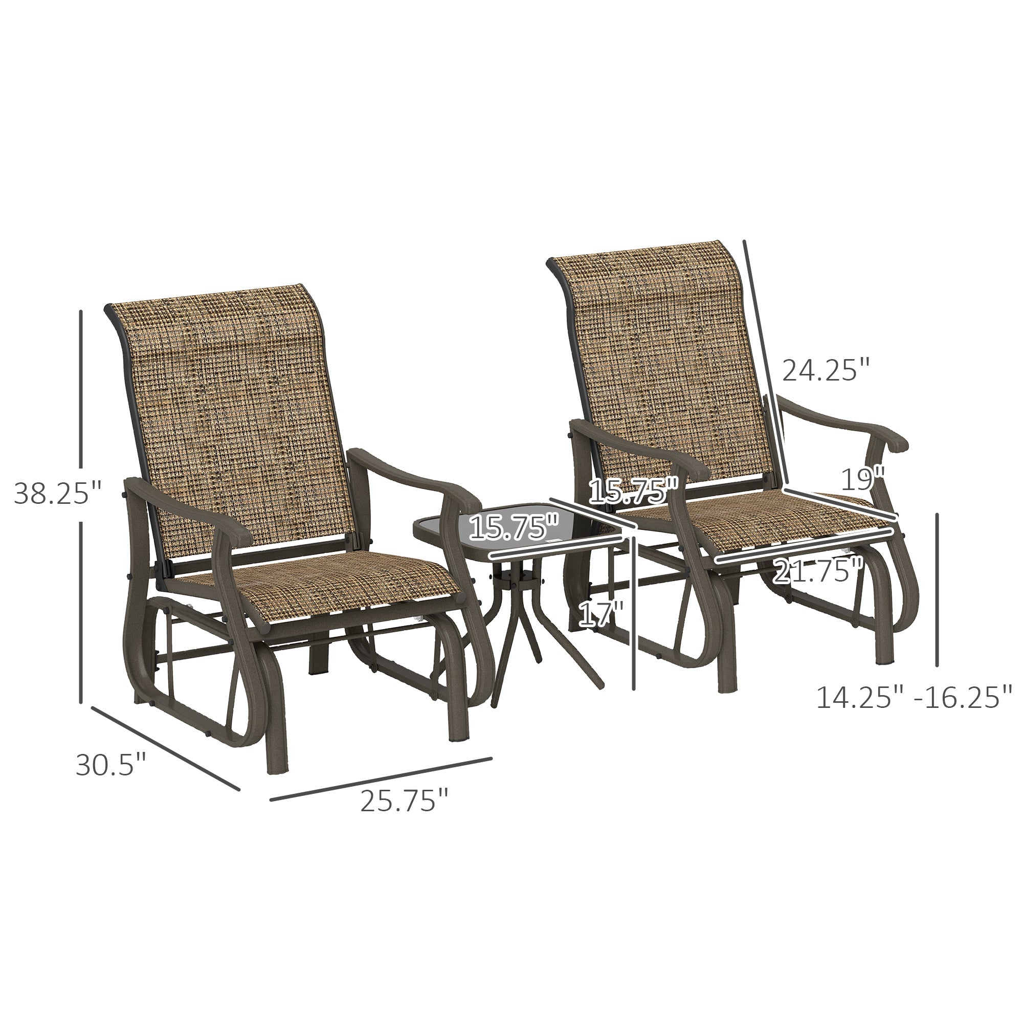 3-Piece Outdoor Gliders Set Bistro Set with Steel Frame, Tempered Glass Top Table for Patio, Garden