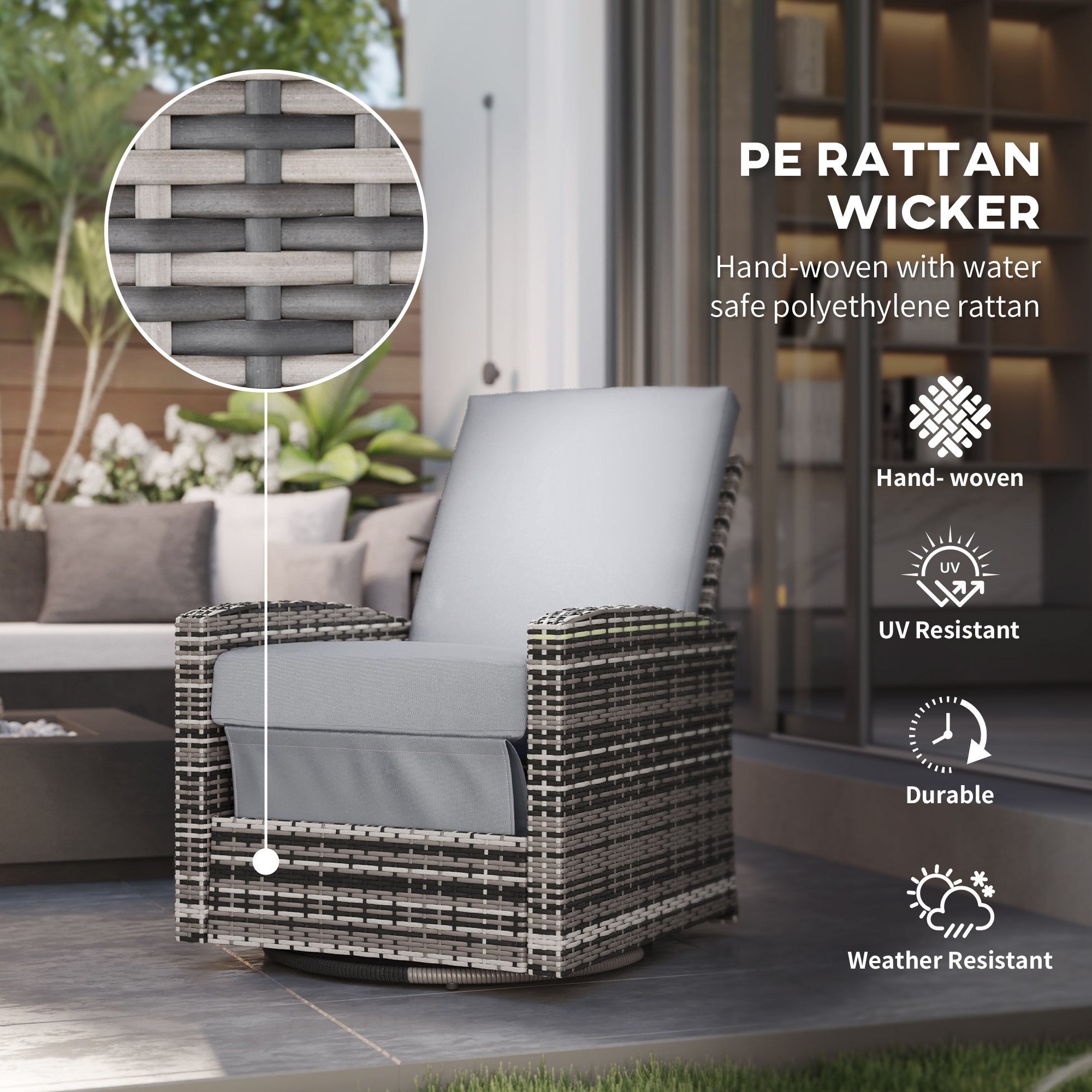 Outdoor Wicker Swivel Recliner Chair, Reclining Backrest, Lifting Footrest, 360° Rotating Basic, Water Resistant Cushions for Patio