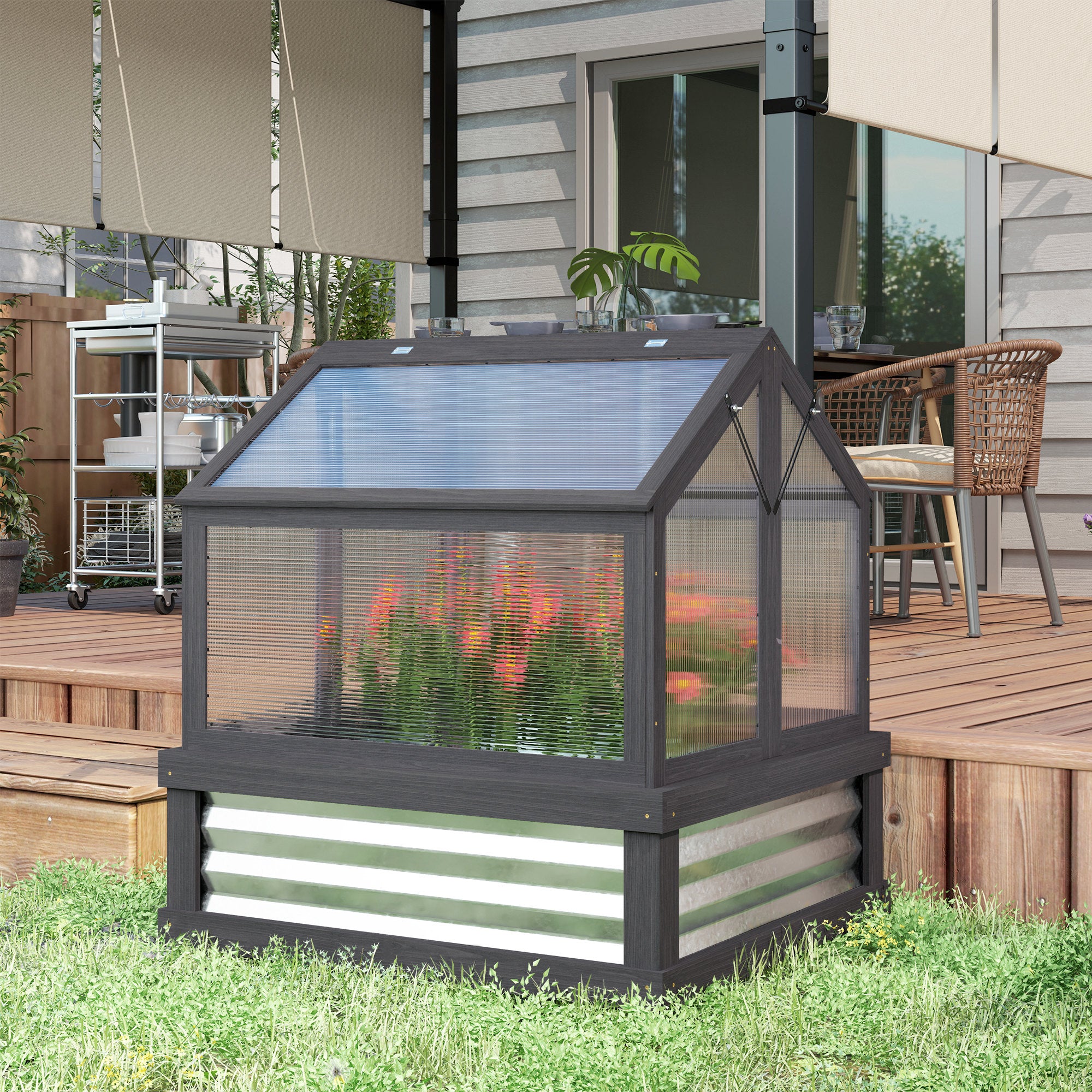 Raised Garden Flower Bed Kit with Greenhouse, Wooden Cold Frame Planter, 35.5" x 31.5" x 36"